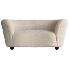 Viggo Boesen Style Banana Shaped Curved Loveseat or Sofa Covered in Lambs, 1940s