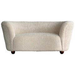 Viggo Boesen Style Banana Shaped Curved Loveseat or Sofa Covered in Lambs, 1940s