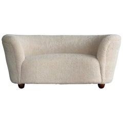Viggo Boesen Style Banana Shaped Curved Loveseat or Sofa Covered in Lambswool 