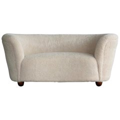 Viggo Boesen Style Banana Shaped Curved Loveseat or Sofa Covered in Lamb’s Wool