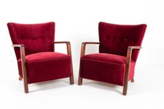 Viggo Boesen Style Danish Art Deco Mohair & Oak Lounge Chairs, C. 1940's