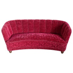 Viggo Boesen Style Danish Curved Sofa in Red Velvet from 1930s-1940s