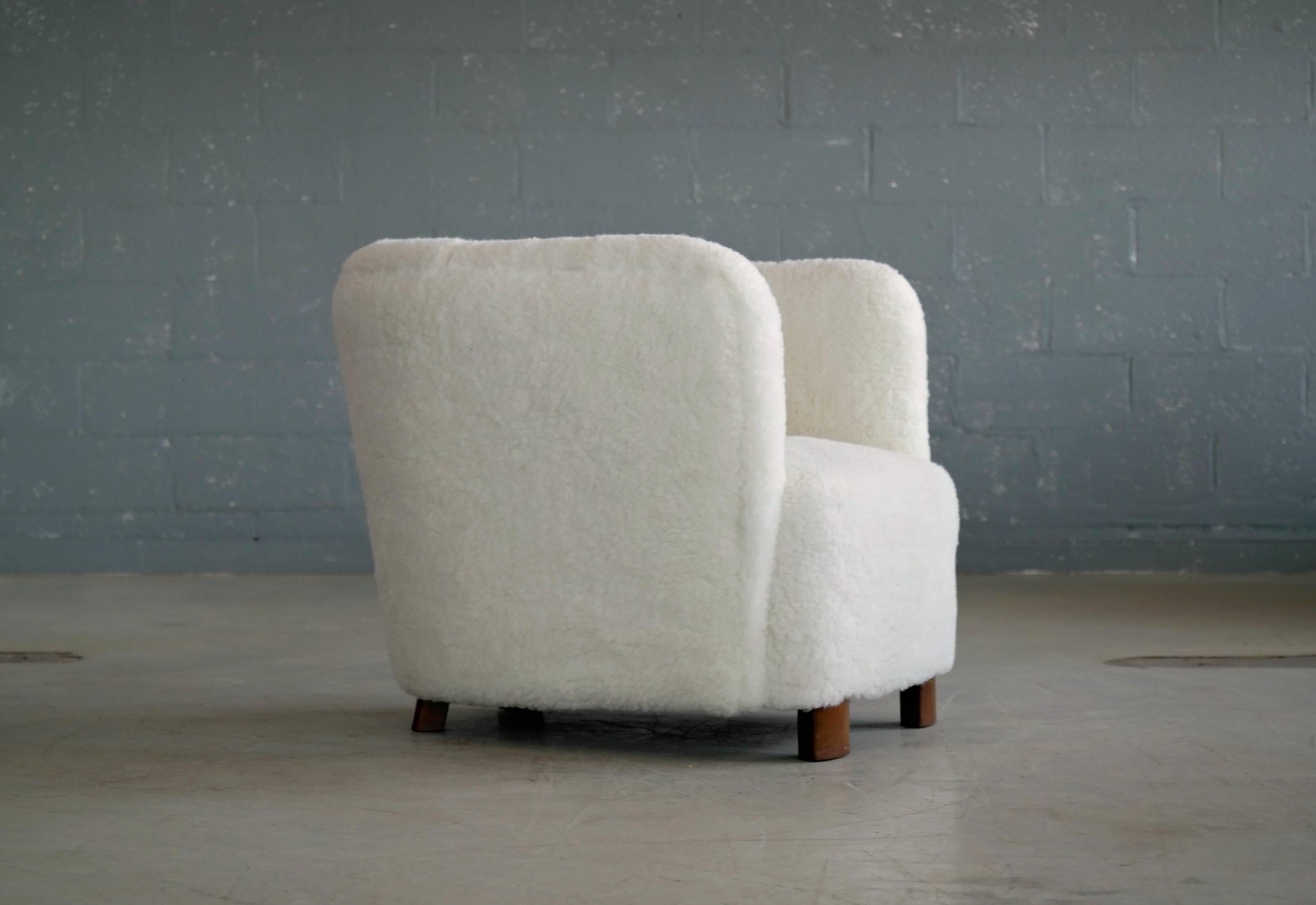 Danish Viggo Boesen Style Lounge Chair Covered in Lambswool by Slagelse Mobelvaerk