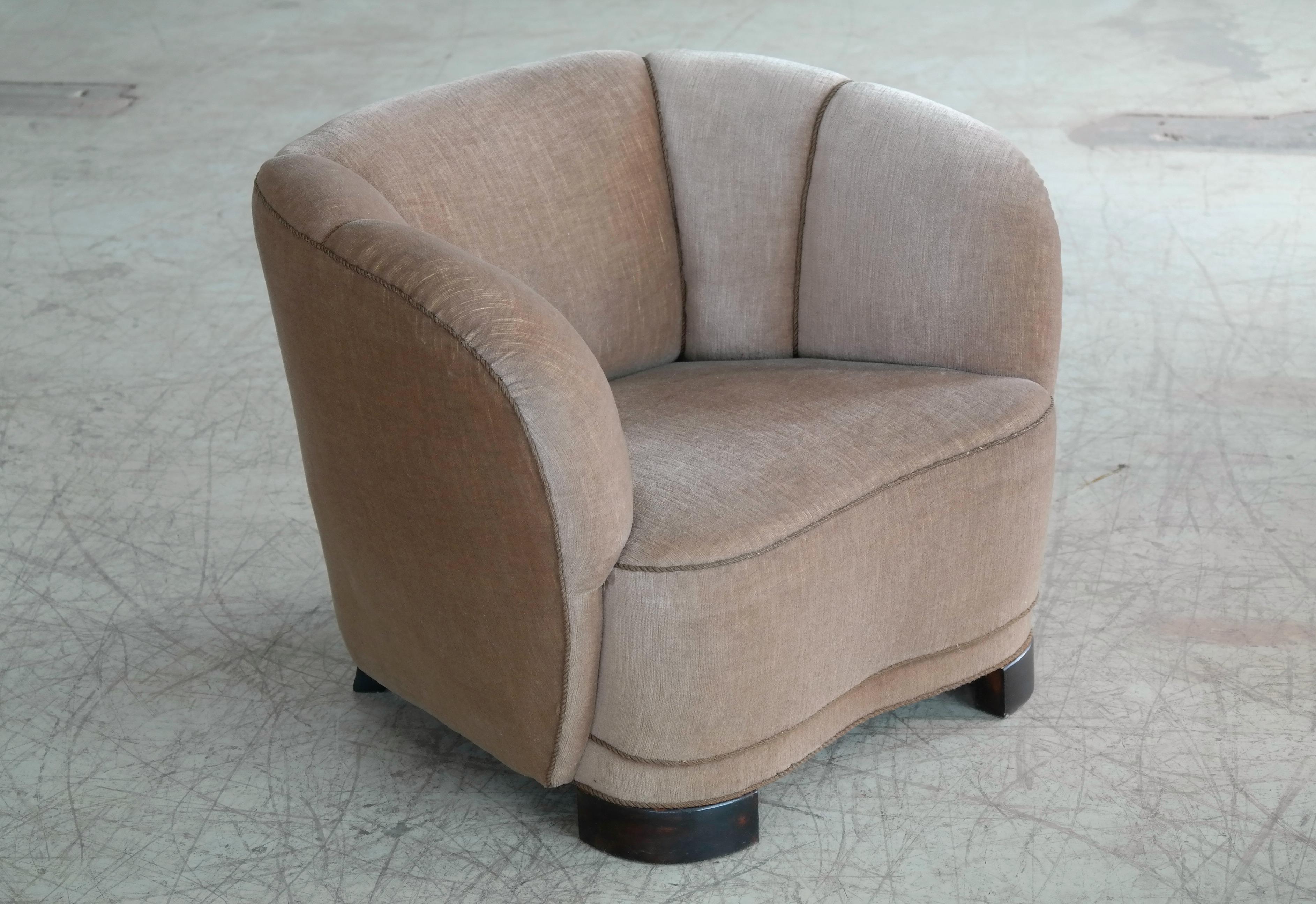 Mid-Century Modern Viggo Boesen Style Pair of 1940s Danish Low Club or Lounge Chairs in Velvet