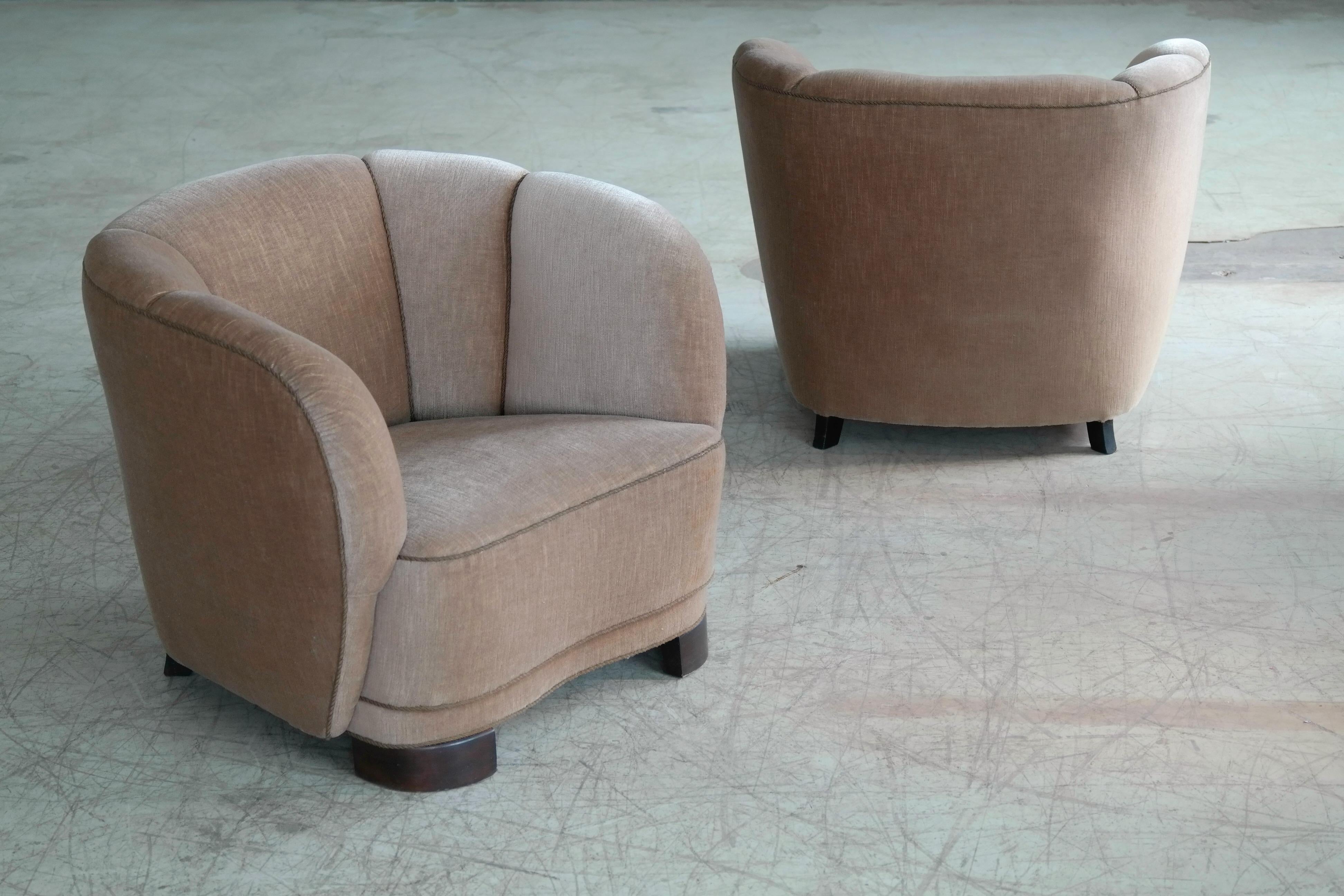 Mid-20th Century Viggo Boesen Style Pair of 1940s Danish Low Club or Lounge Chairs in Velvet