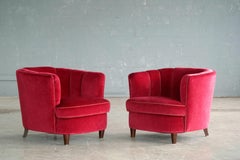 Viggo Boesen Style Pair of 1950s Danish Low Club or Lounge Chairs in Velvet