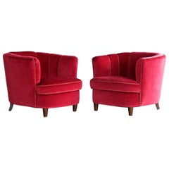 Viggo Boesen Style Pair of 1950s Danish Low Club or Lounge Chairs in Velvet