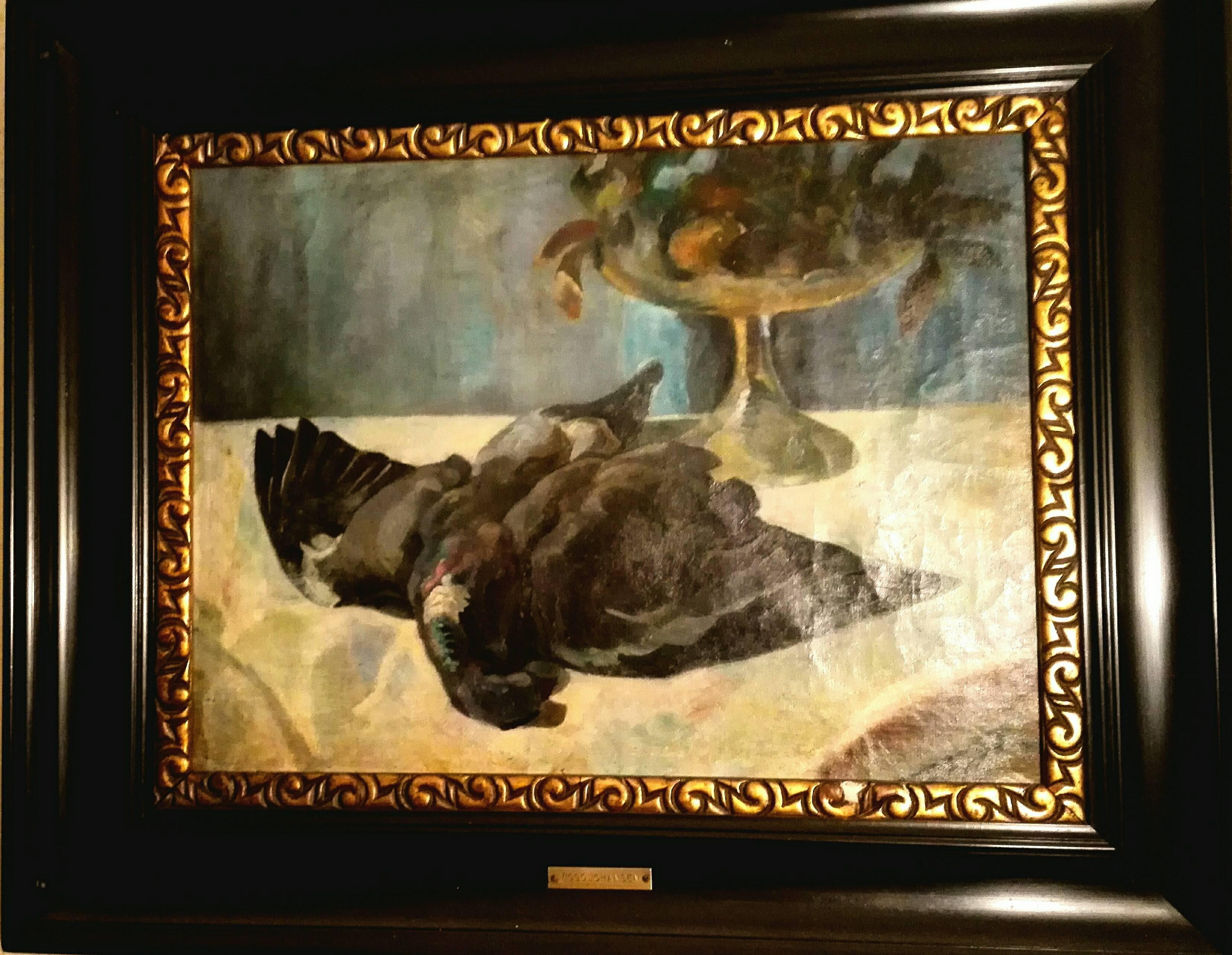 One of the important Skagen painters group in Denmark was Viggo Johanson ! Also after 1885 he exhibited in Paris and there he was inspired from Claude Monet! All in all
this hunting still life with the original ebonised wood frame, is an imposing