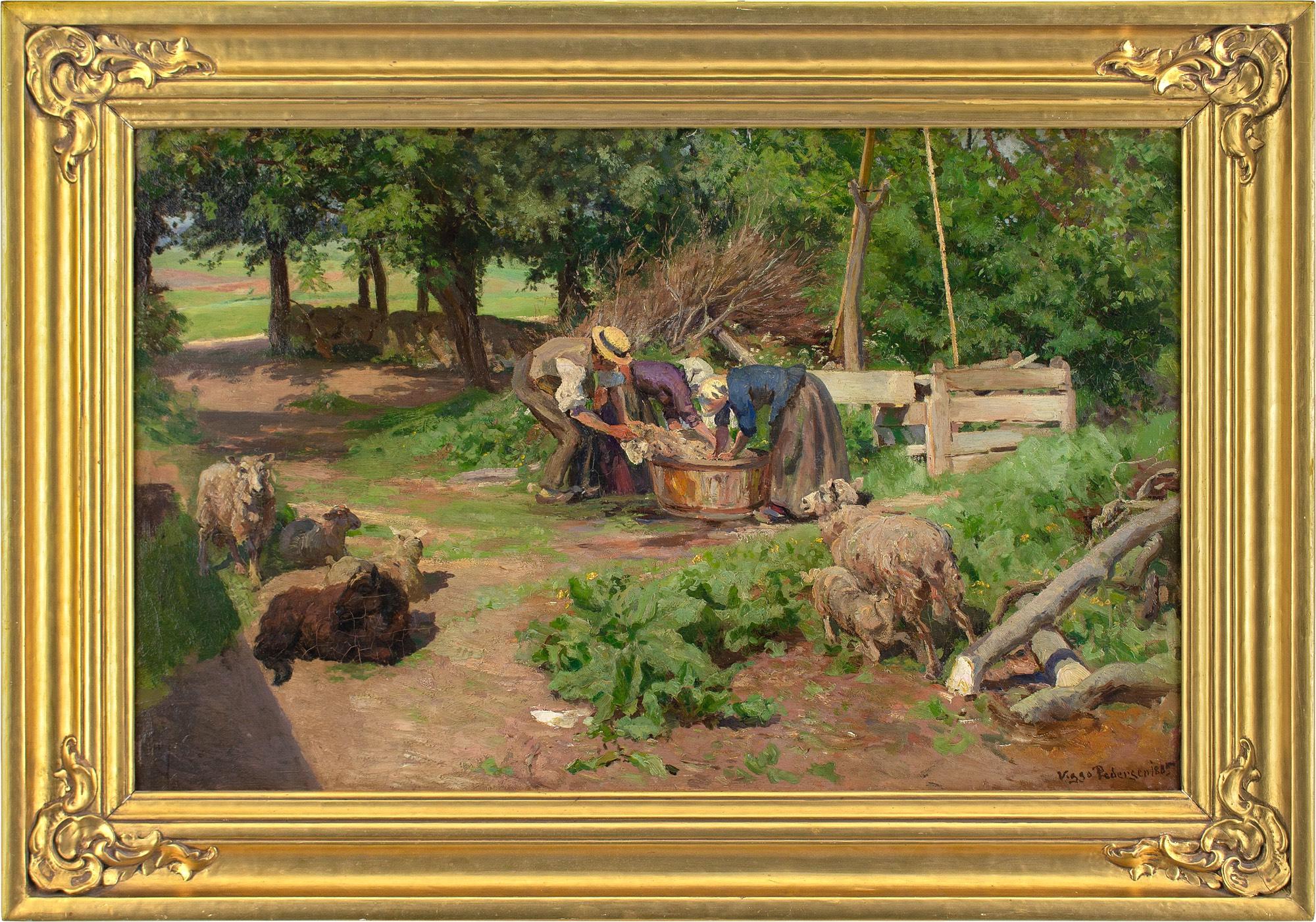 This splendid late 19th-century oil painting by Danish artist Viggo Pedersen (1854-1926) depicts three figures shearing a sheep in a slatted barrel.

Working in a woodland clearing, they grapple with its feisty limbs while several others look on -