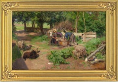 Antique Viggo Pedersen, Sheep Shearing, Oil Painting 