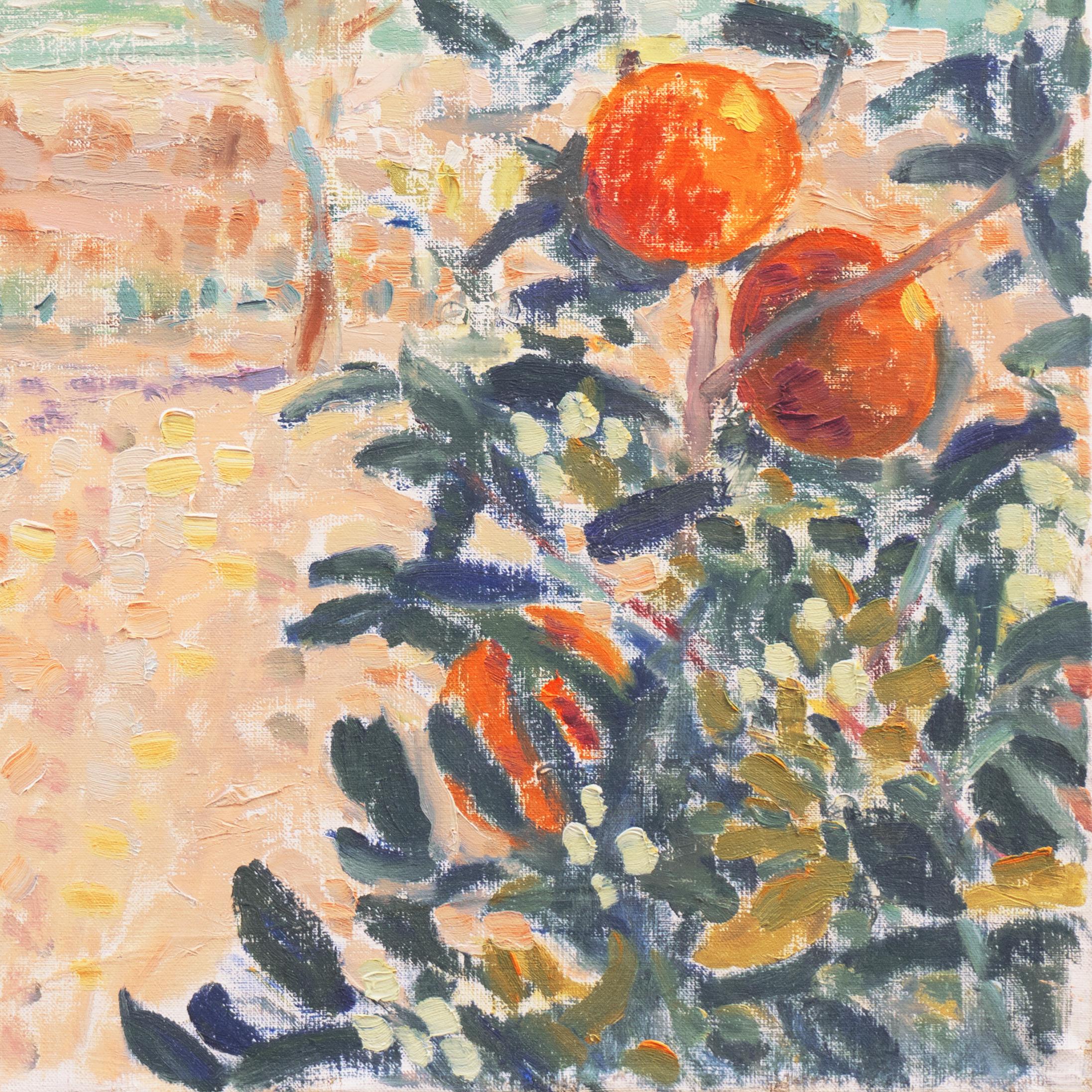Signed lower left, 'V. Rorup' for Viggo Julius Rorup (Danish, 1903-1971) and dated 1967.

A substantial, Post-Impressionist oil landscape showing a view of the Mediterranean with an orange tree and blossoming apple trees in the foreground, framing a