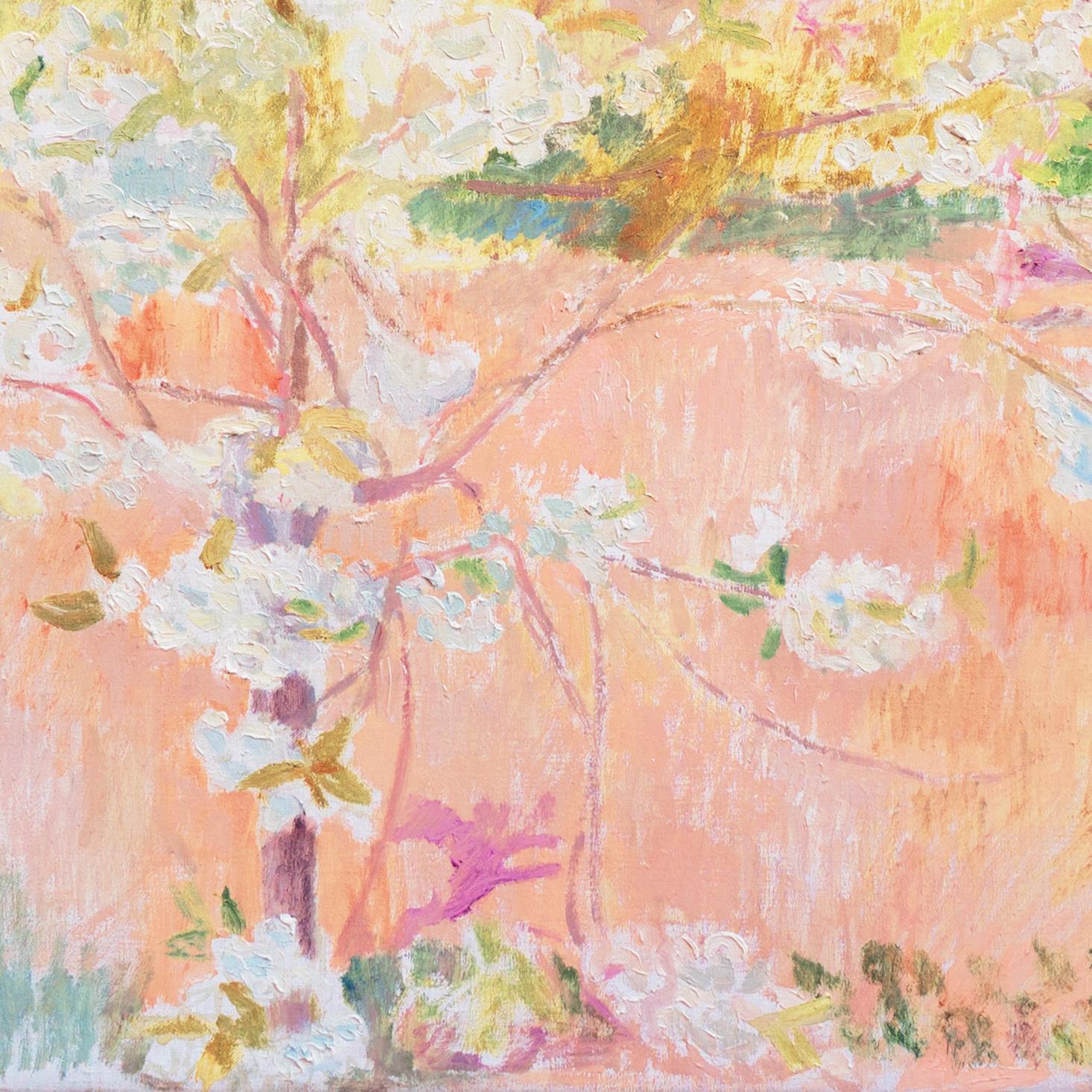 Signed lower right, 'V. Rorup' for Viggo Julius Rorup (Danish, 1903-1971) and dated 1966.

A large and lyrical spring landscape showing white apple-blossoms contrasted against a coral field with a view towards sunset clouds in the distance.

Viggo