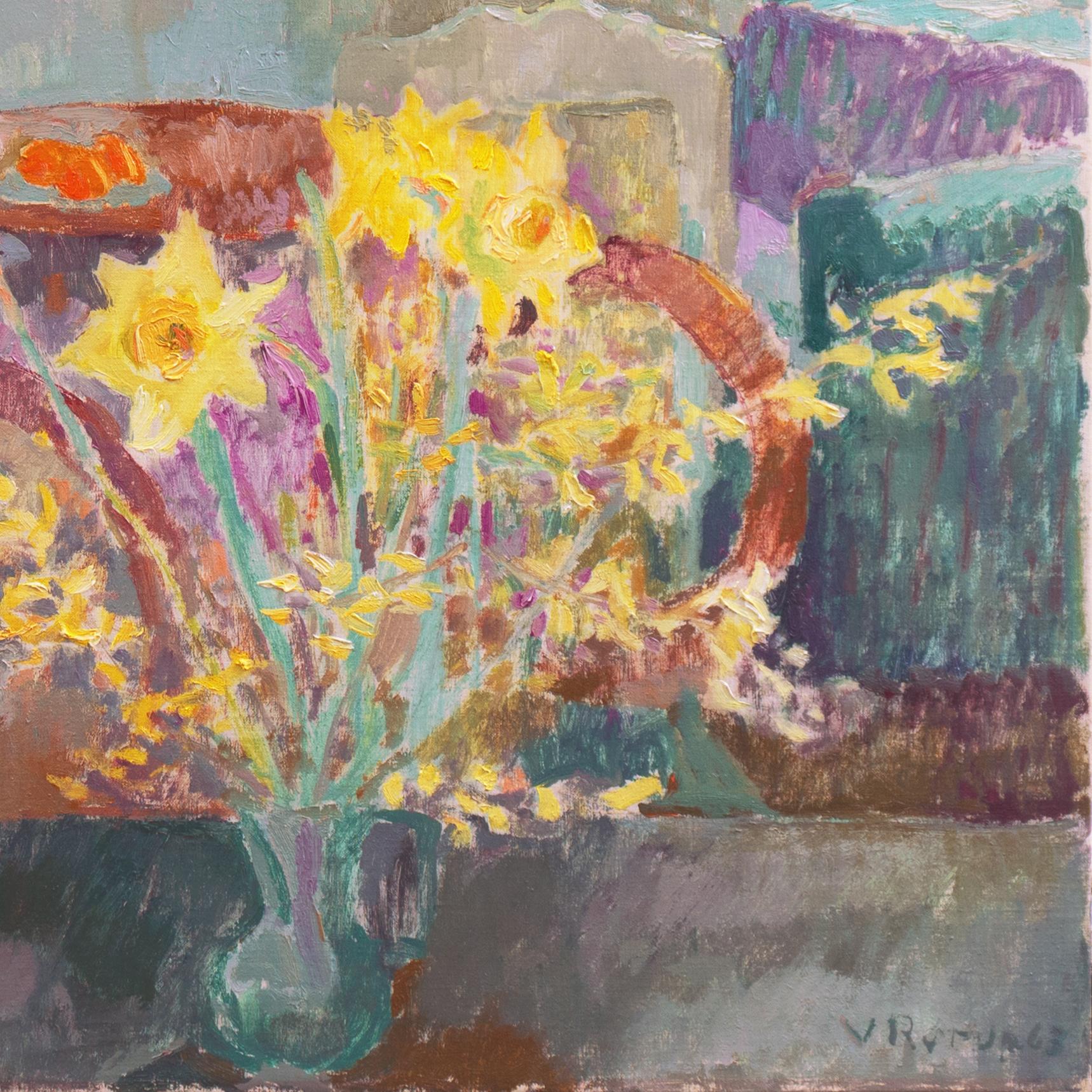 'Still Life of Daffodils', Paris Modernist, Royal Danish Academy, Charlottenborg - Brown Interior Painting by Viggo Rorup