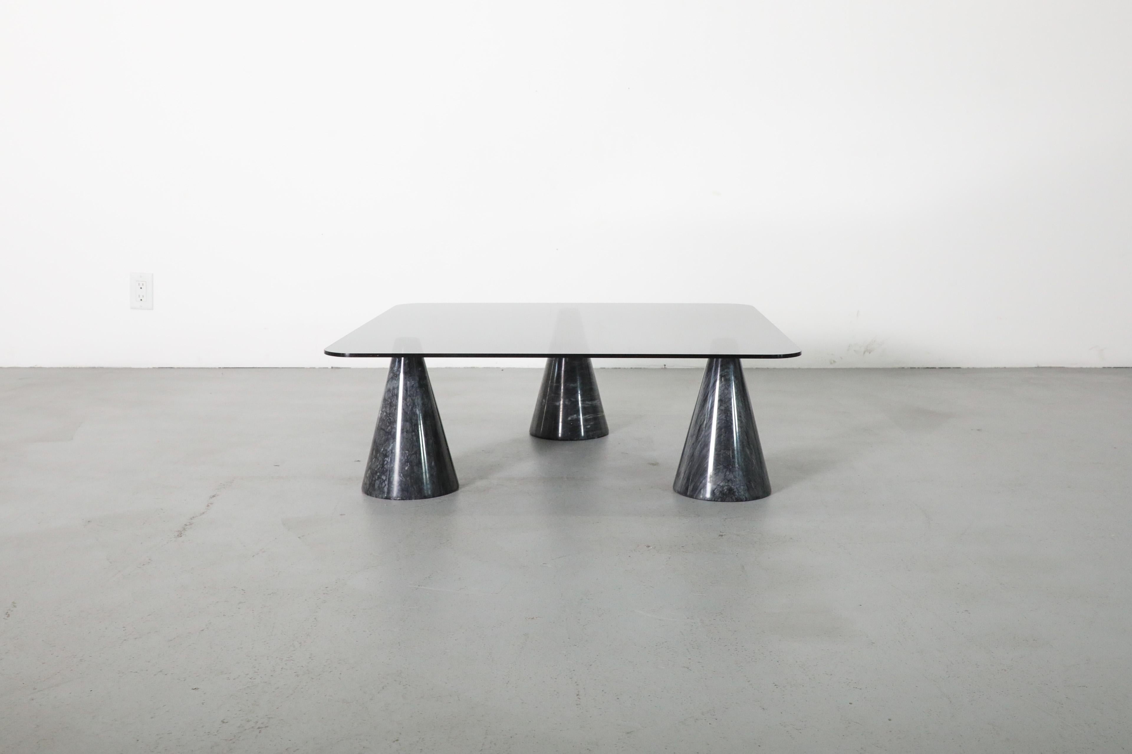 Italian Vignelli Inspired Memphis Black Marble Cone Base & Smoked Glass Coffee Table