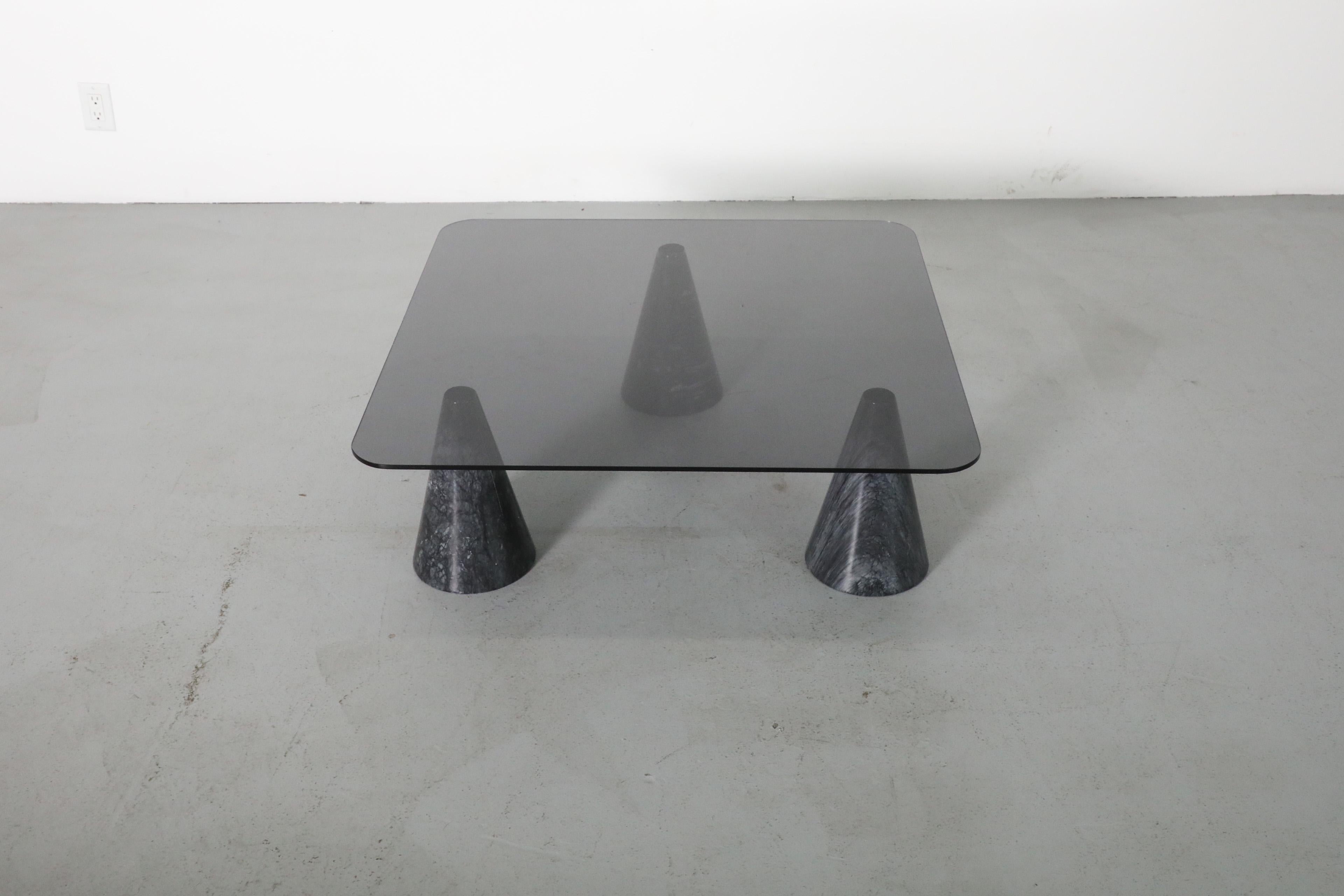 Vignelli Inspired Memphis Black Marble Cone Base & Smoked Glass Coffee Table In Good Condition In Los Angeles, CA
