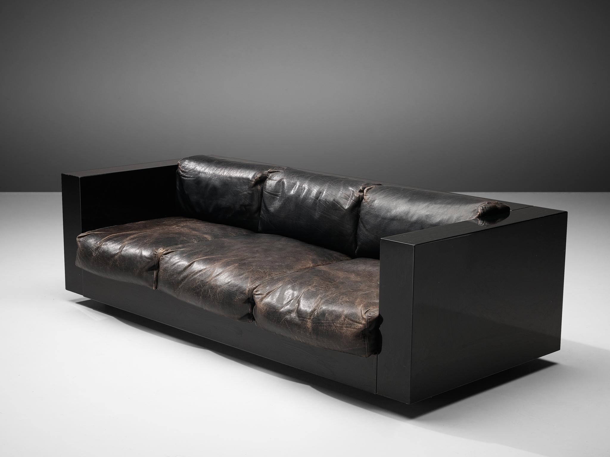 Mid-Century Modern Vignelli Saratoga Large Black Sofa with Black Leather