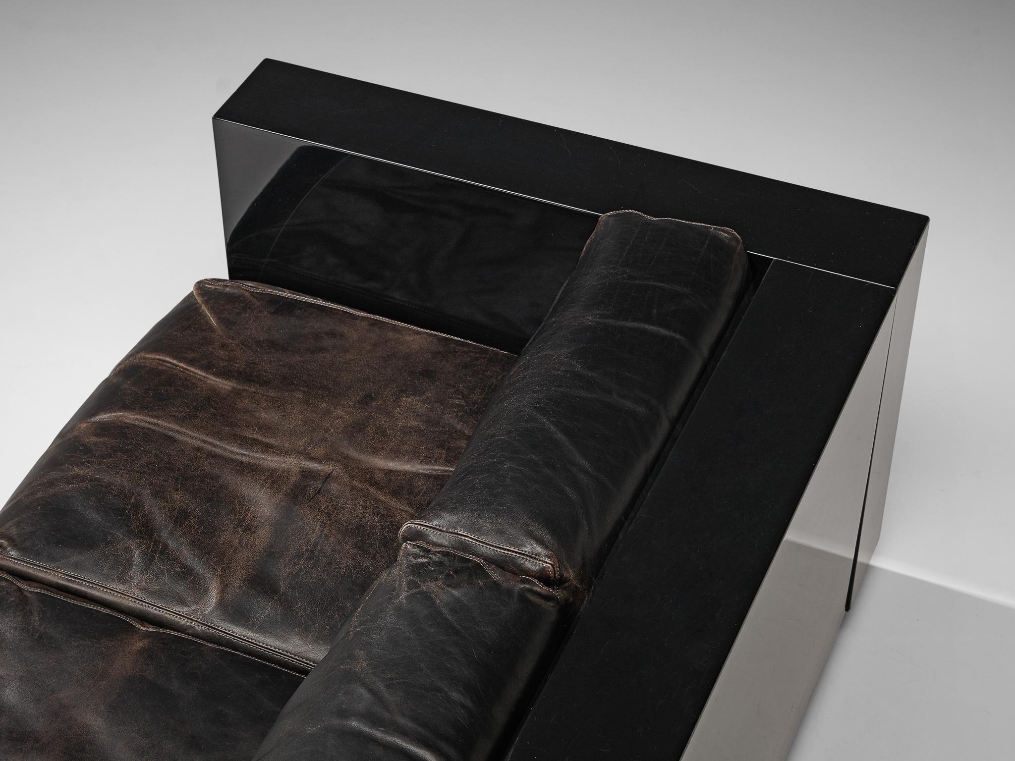 Italian Vignelli Saratoga Large Black Sofa with Black Leather