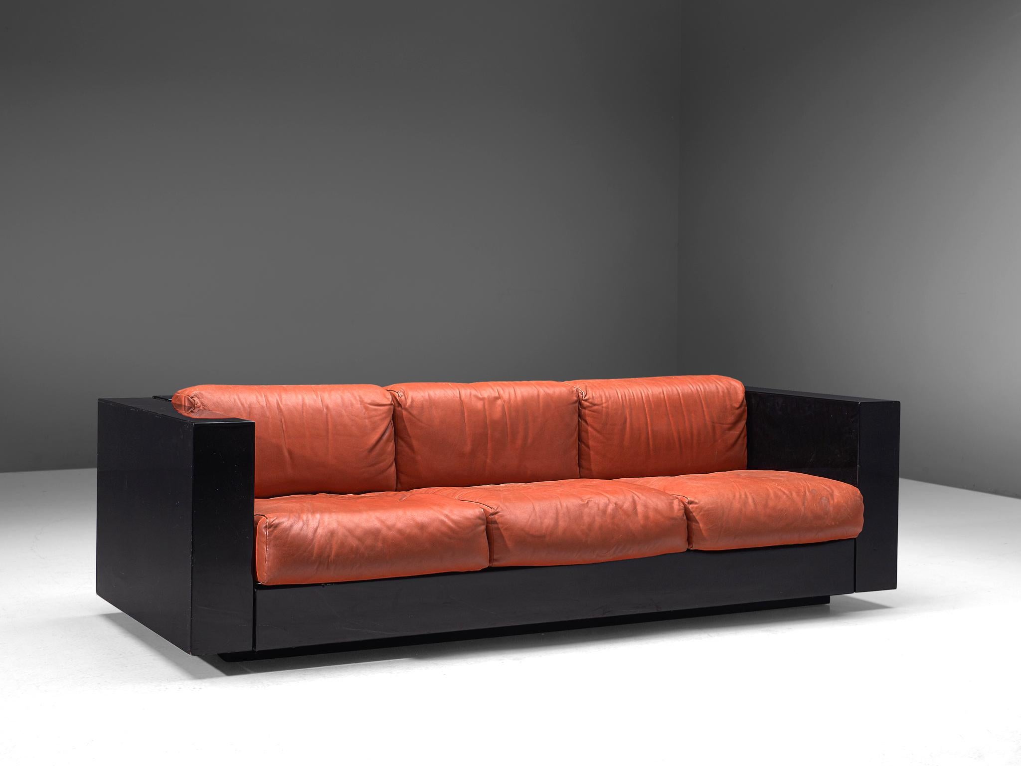 Mid-Century Modern Vignelli Saratoga Large Black Sofa with Red Leather