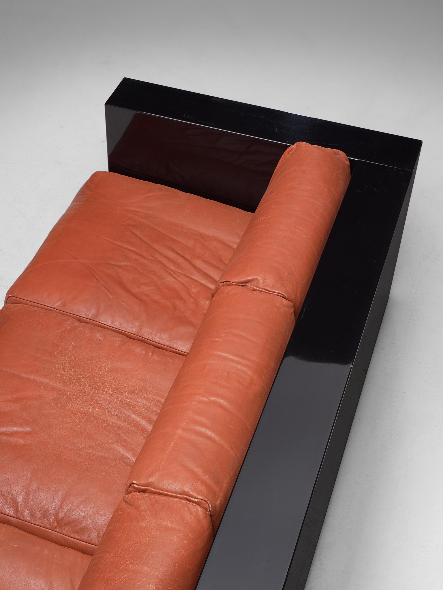 Mid-Century Modern Vignelli Saratoga Large Black Sofa with Red Leather
