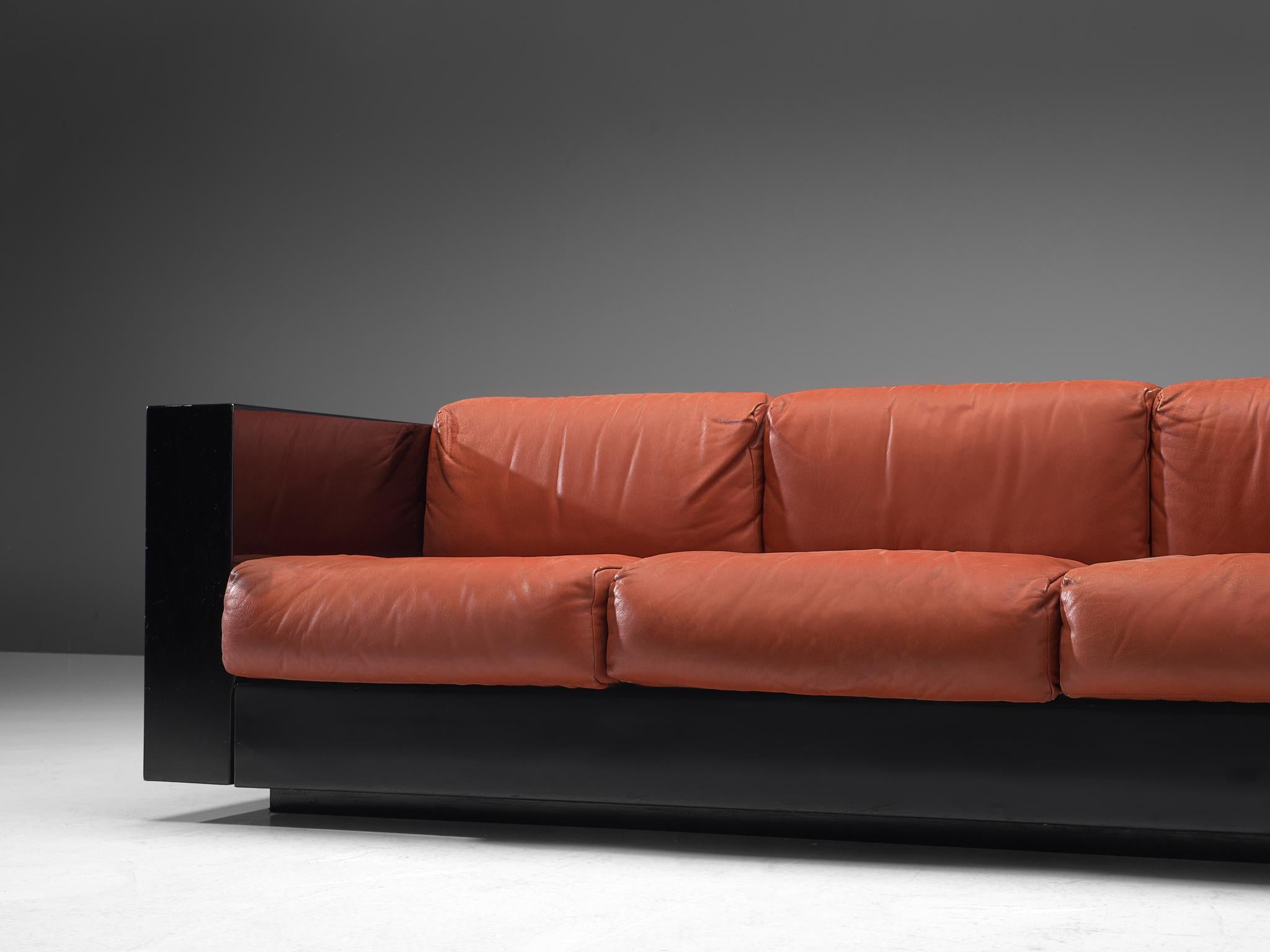 Italian Vignelli Saratoga Large Black Sofa with Red Leather