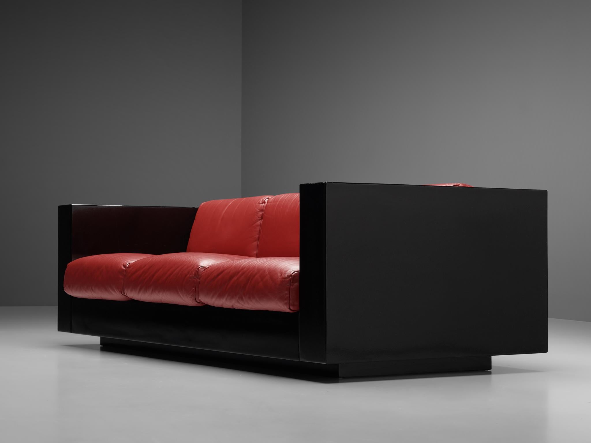 Mid-Century Modern Vignelli Saratoga Large Black Sofa in Red Leather 