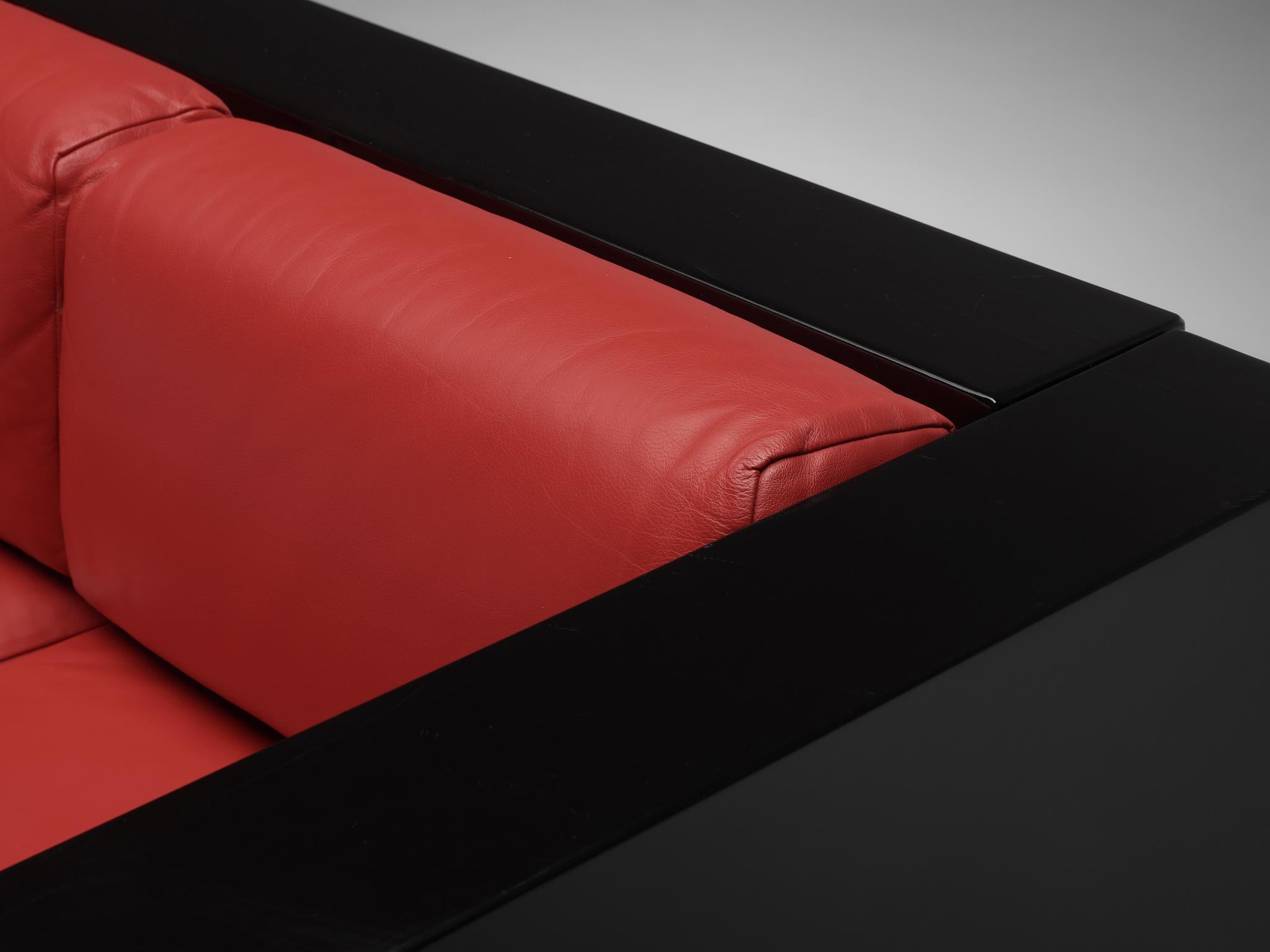 Italian Vignelli Saratoga Large Black Sofa in Red Leather 