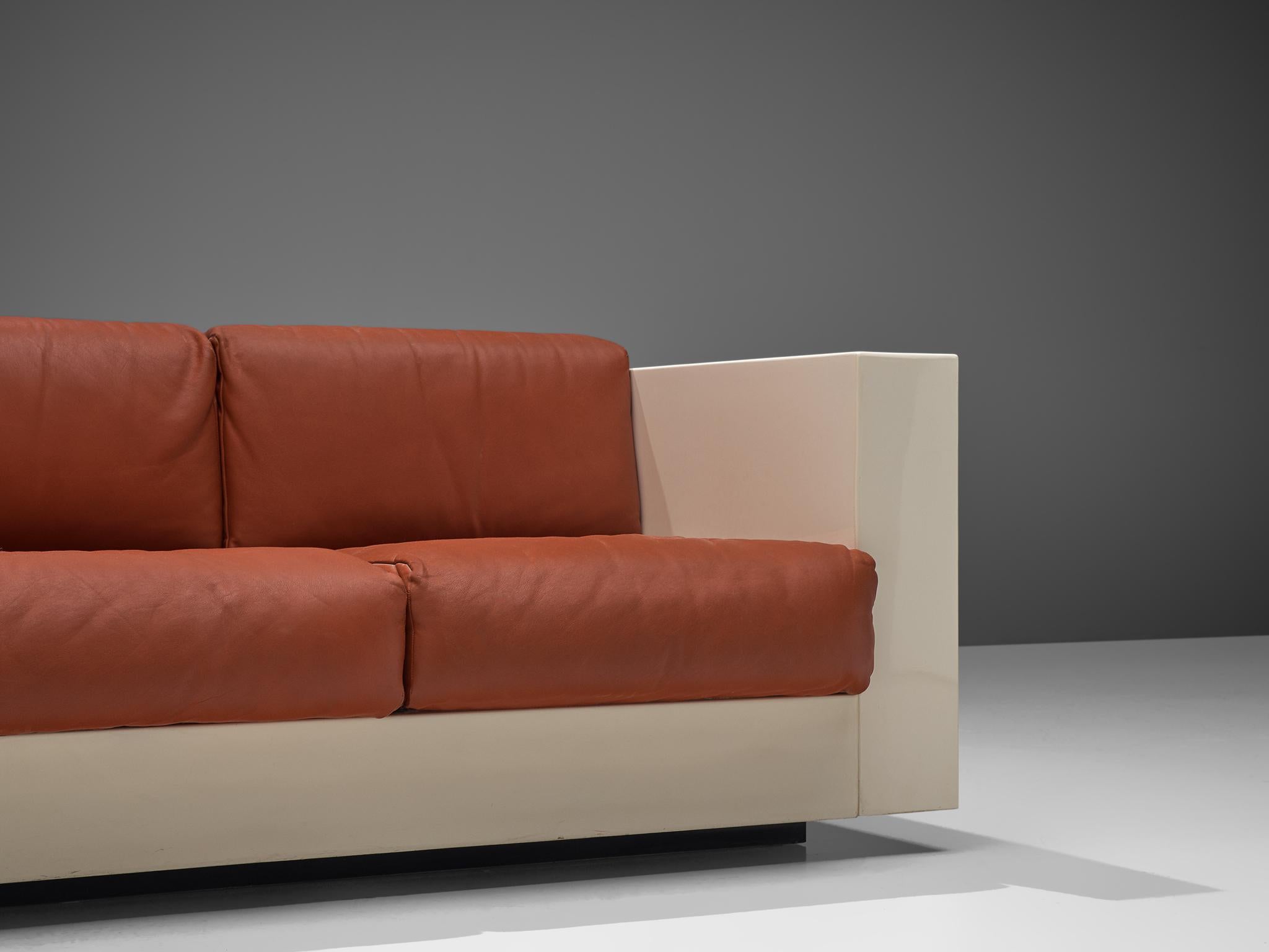 Italian Vignelli 'Saratoga' Large White Sofa with Red Leather