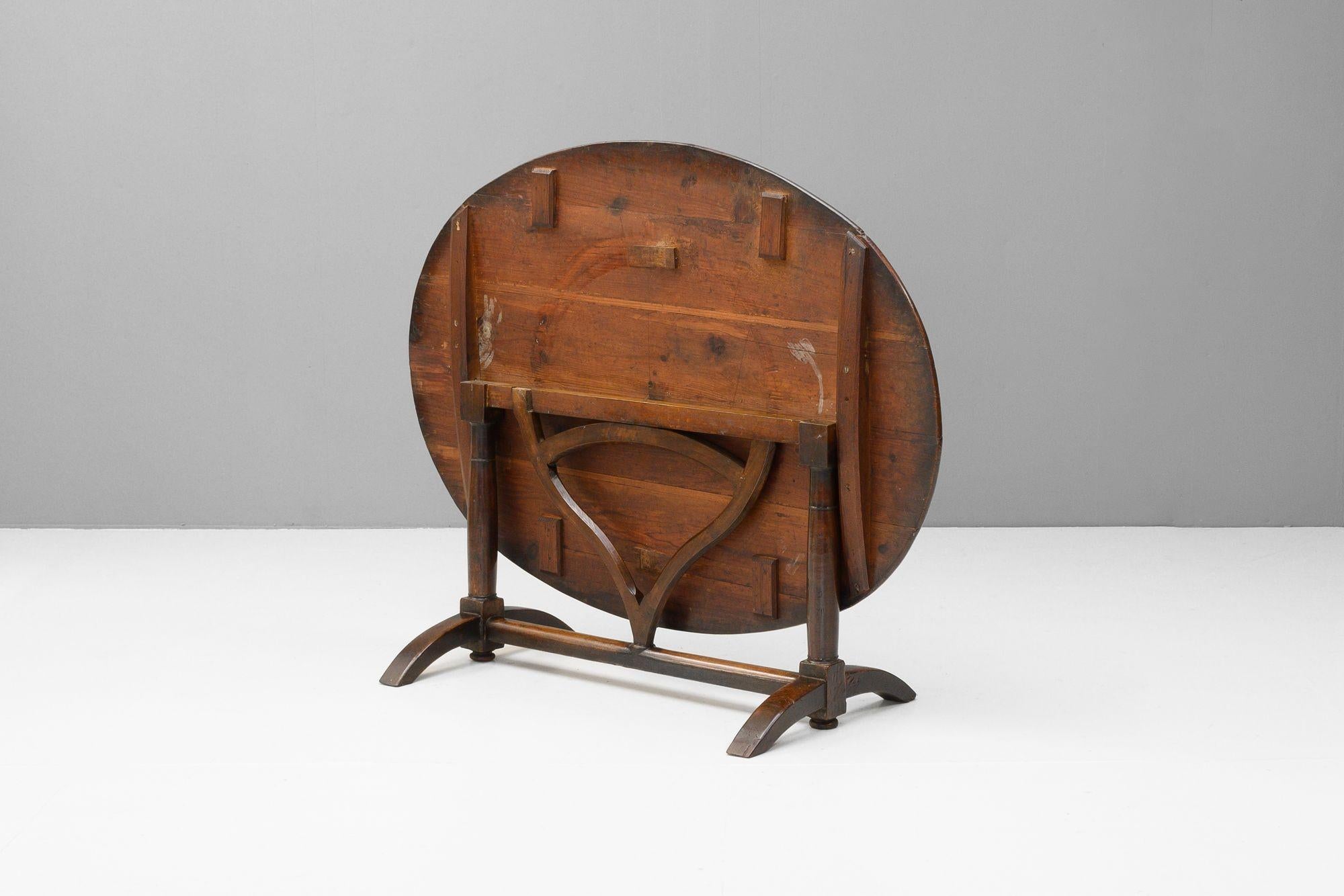 Lower level French vigneron table with folding pine top on mahogany base. Circa 1860
H 64cm x W 145cm x D 103cm
