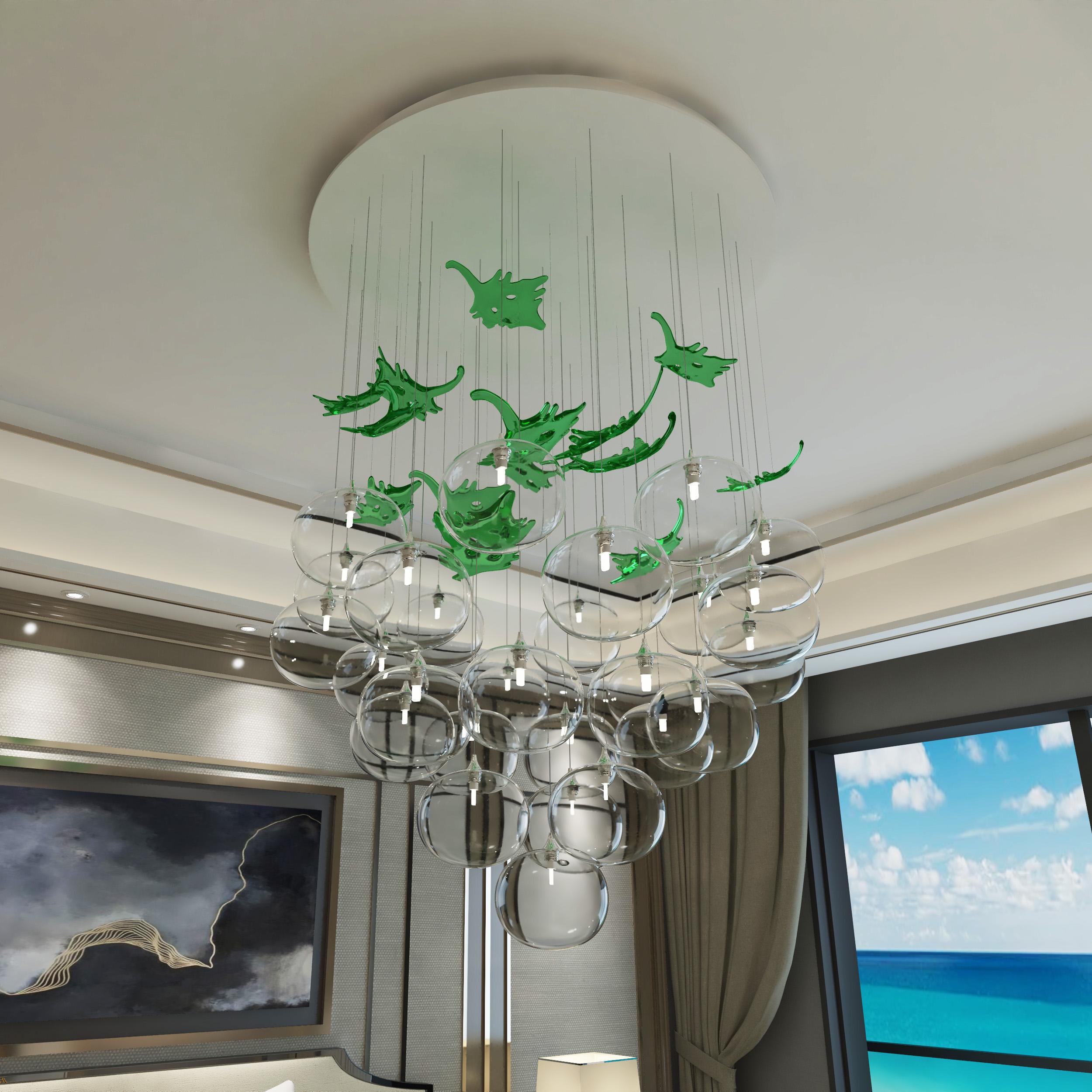 Introducing Vigneto, an exquisite chandelier that combines elegance, craftsmanship, and nature-inspired beauty. This exceptional lighting fixture features 28 hand-blown glass globe pendants meticulously arranged to form a captivating grape bundle