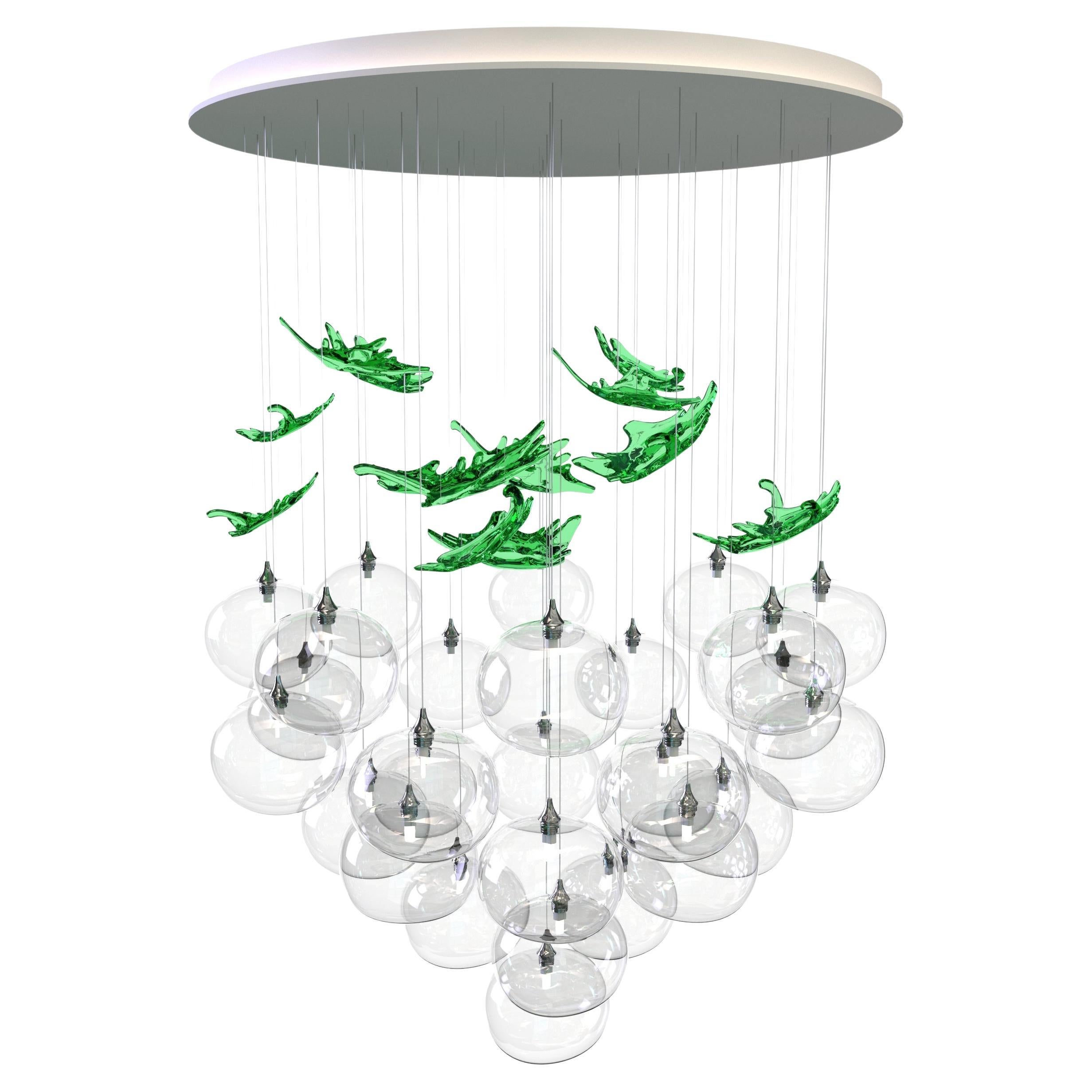 Vigneto Glass Globes Chandelier with Green Murano Leaves Grape Bundle Shape