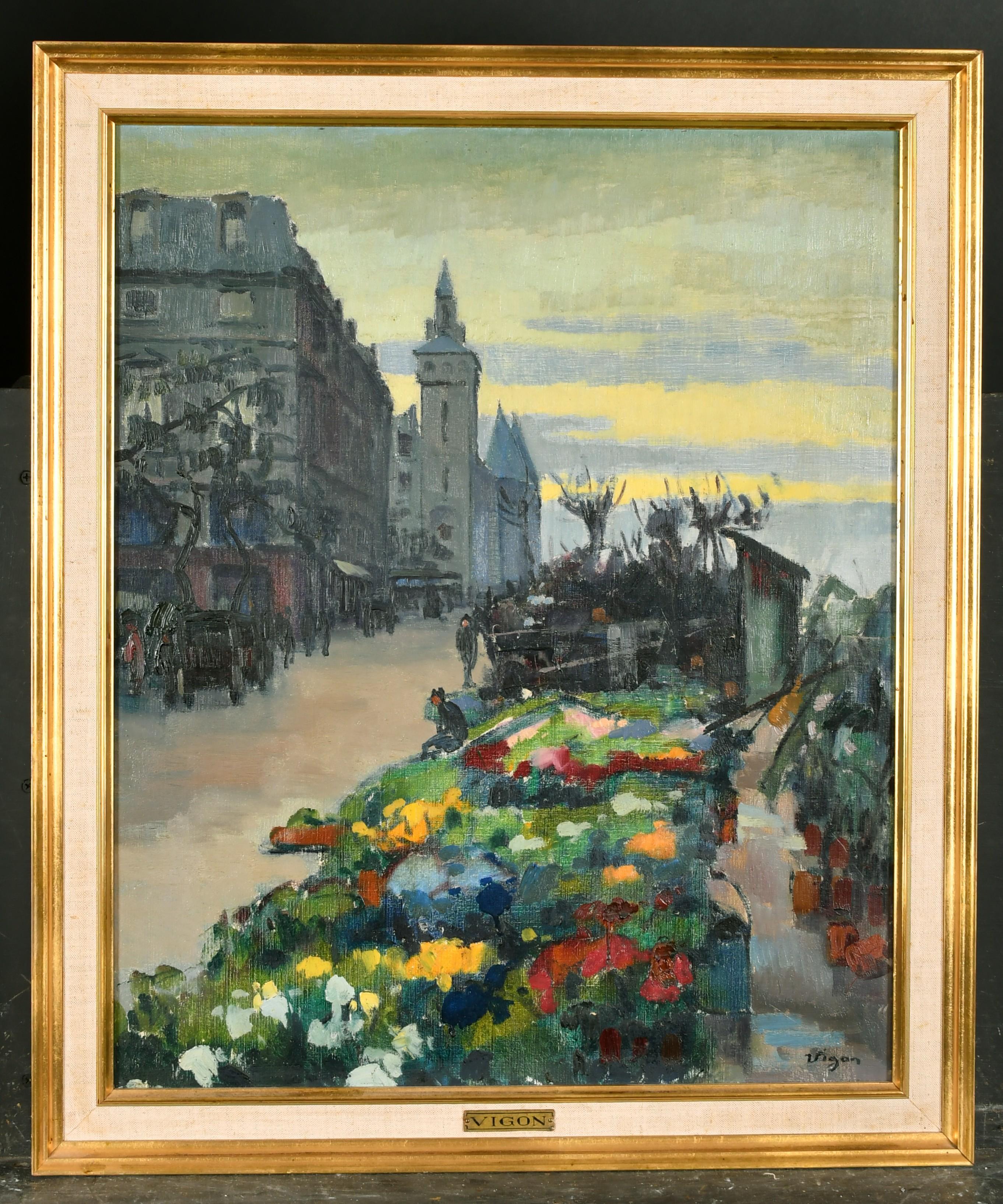 Vigon ( 20th Century) Figurative Painting - The Parisian Flower Market at Sunset, Signed French Impressionist Oil