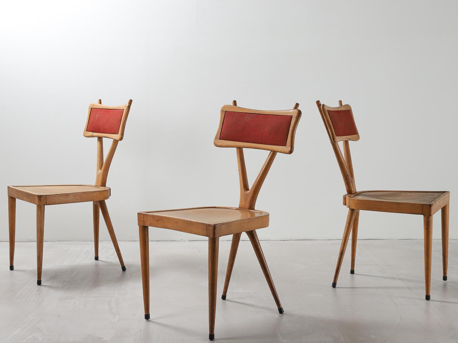 Mid-Century Modern Vigorelli Gianni Set of 3 Wood and Original Fabric Chairs, 1950s