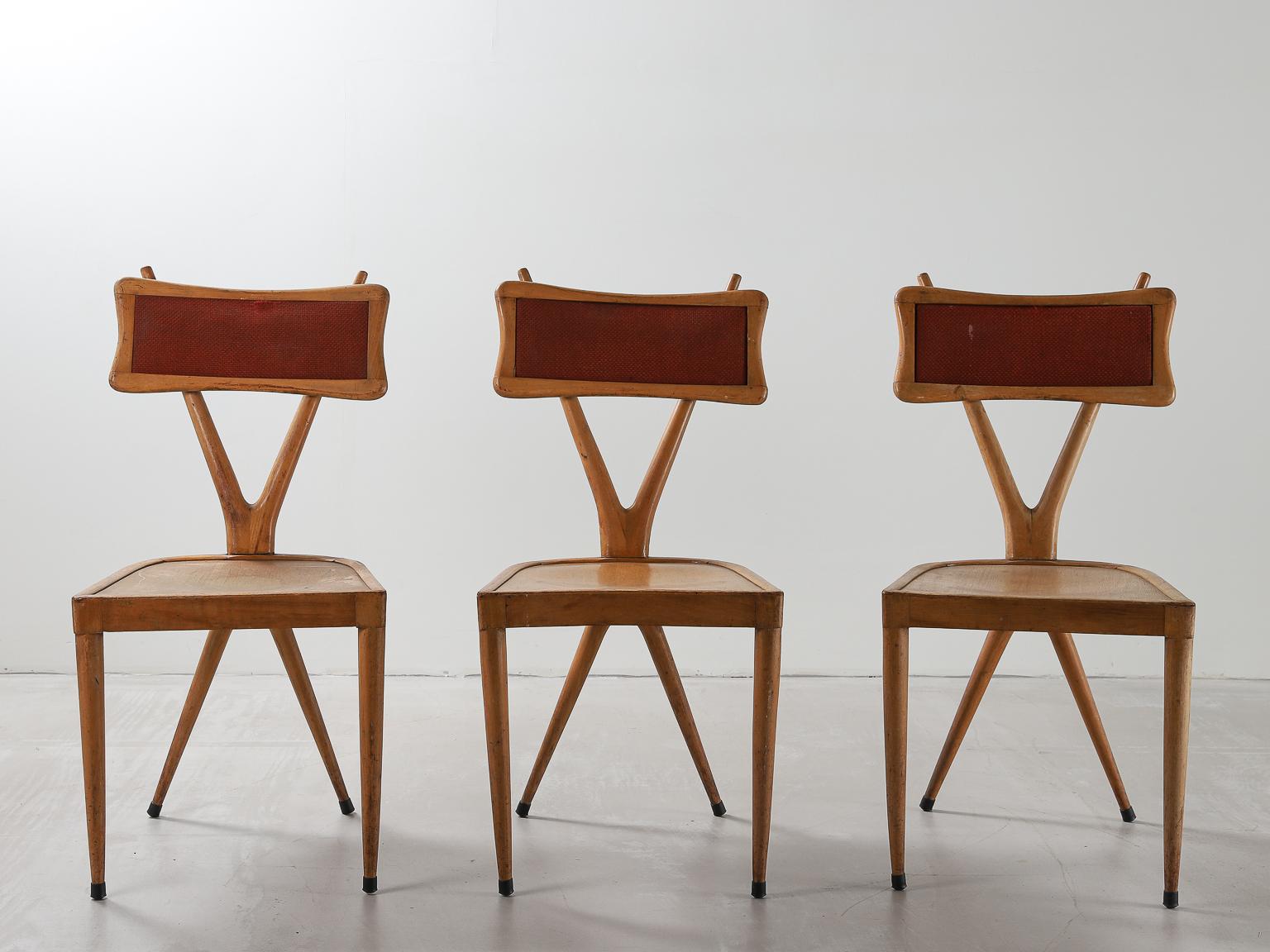 Italian Vigorelli Gianni Set of 3 Wood and Original Fabric Chairs, 1950s