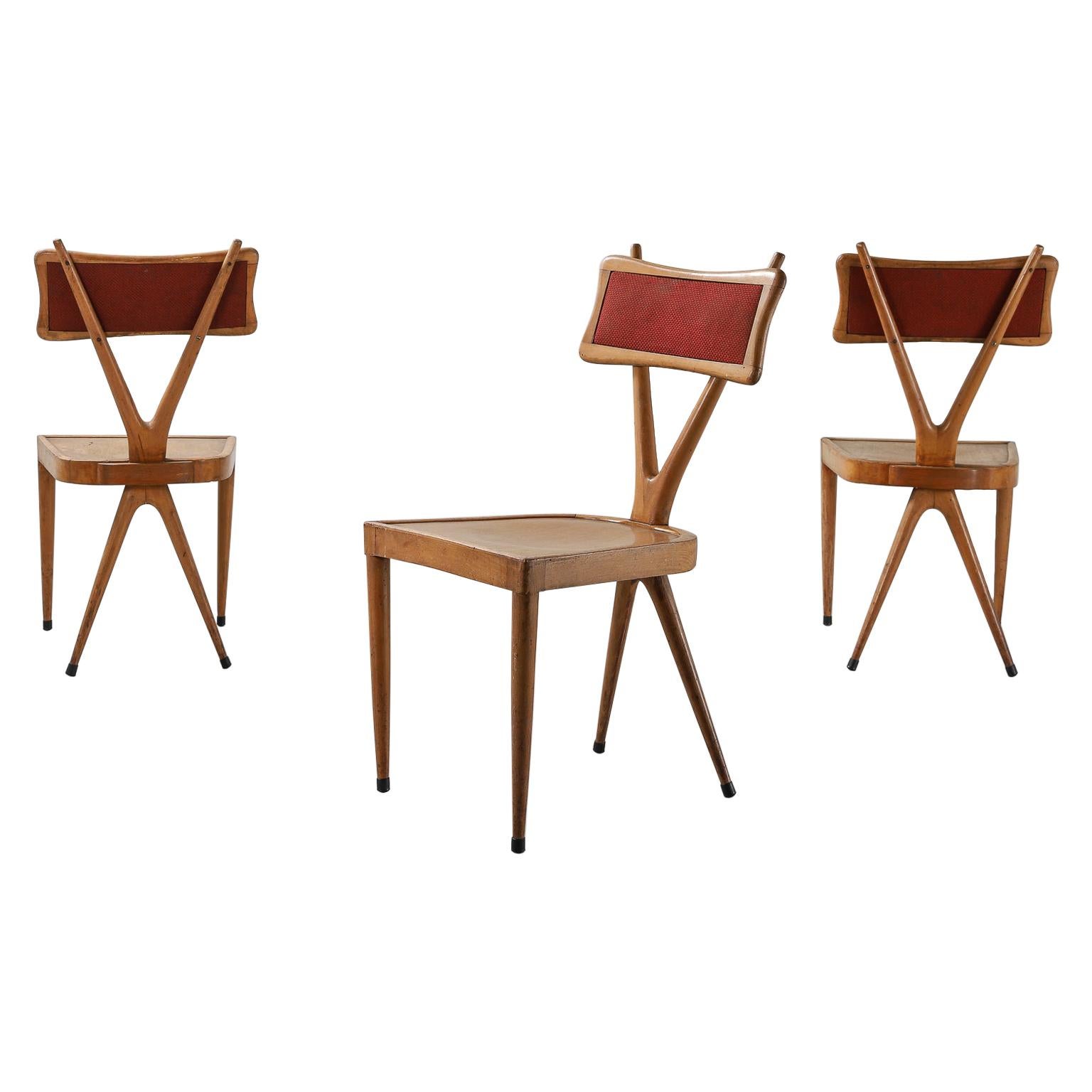 Vigorelli Gianni Set of 3 Wood and Original Fabric Chairs, 1950s