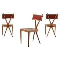 Vigorelli Gianni - Ensemble de 3 chaises en bois et tissu d'origine, années 1950