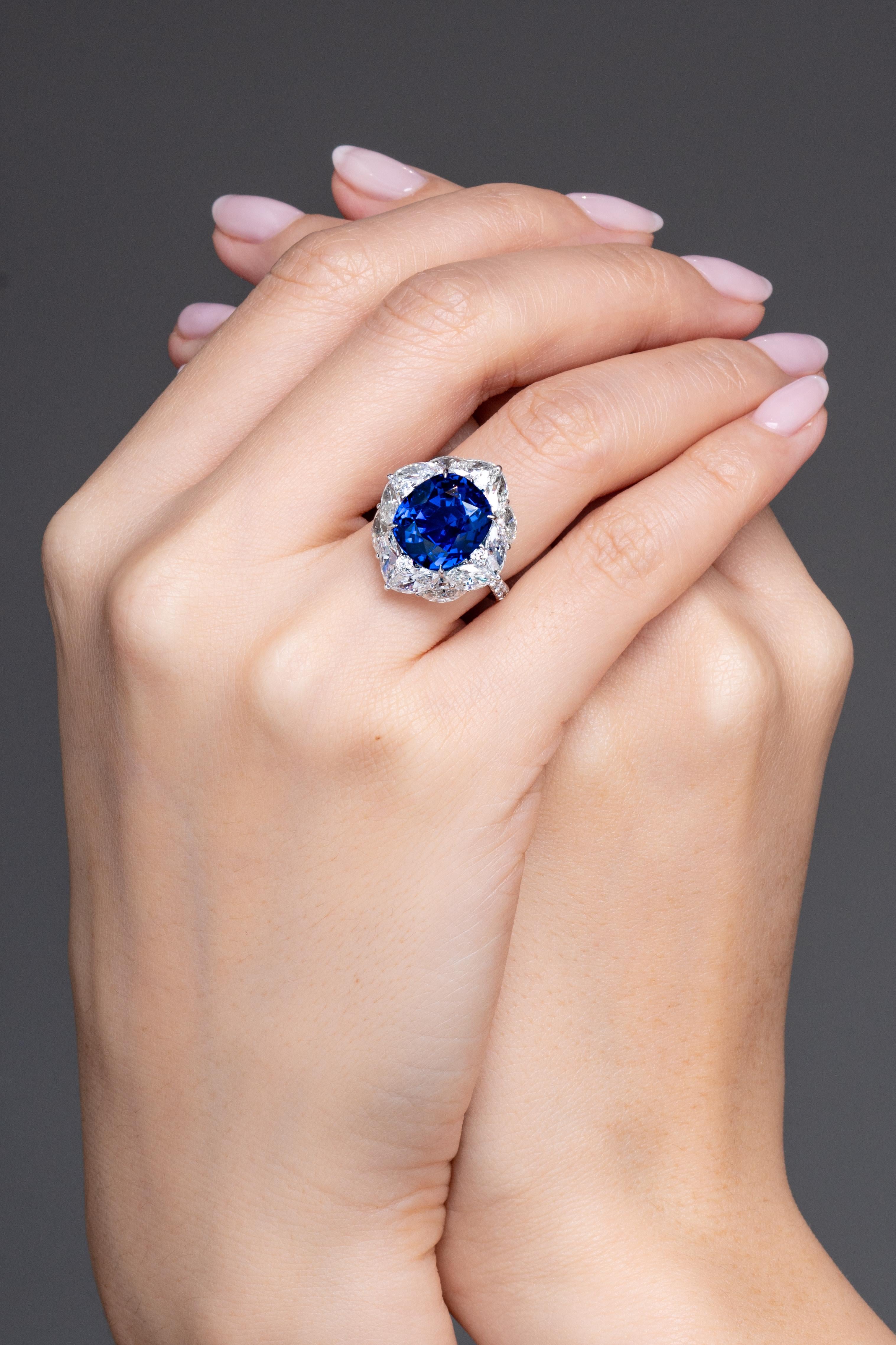 This Vihari Jewel ring features a natural 11.58 carat Royal Blue cushion cut Sapphire from Sri Lanka (GRS Certificate #2020-082763) with no artificial heating. GRS describes the colour as naturally 