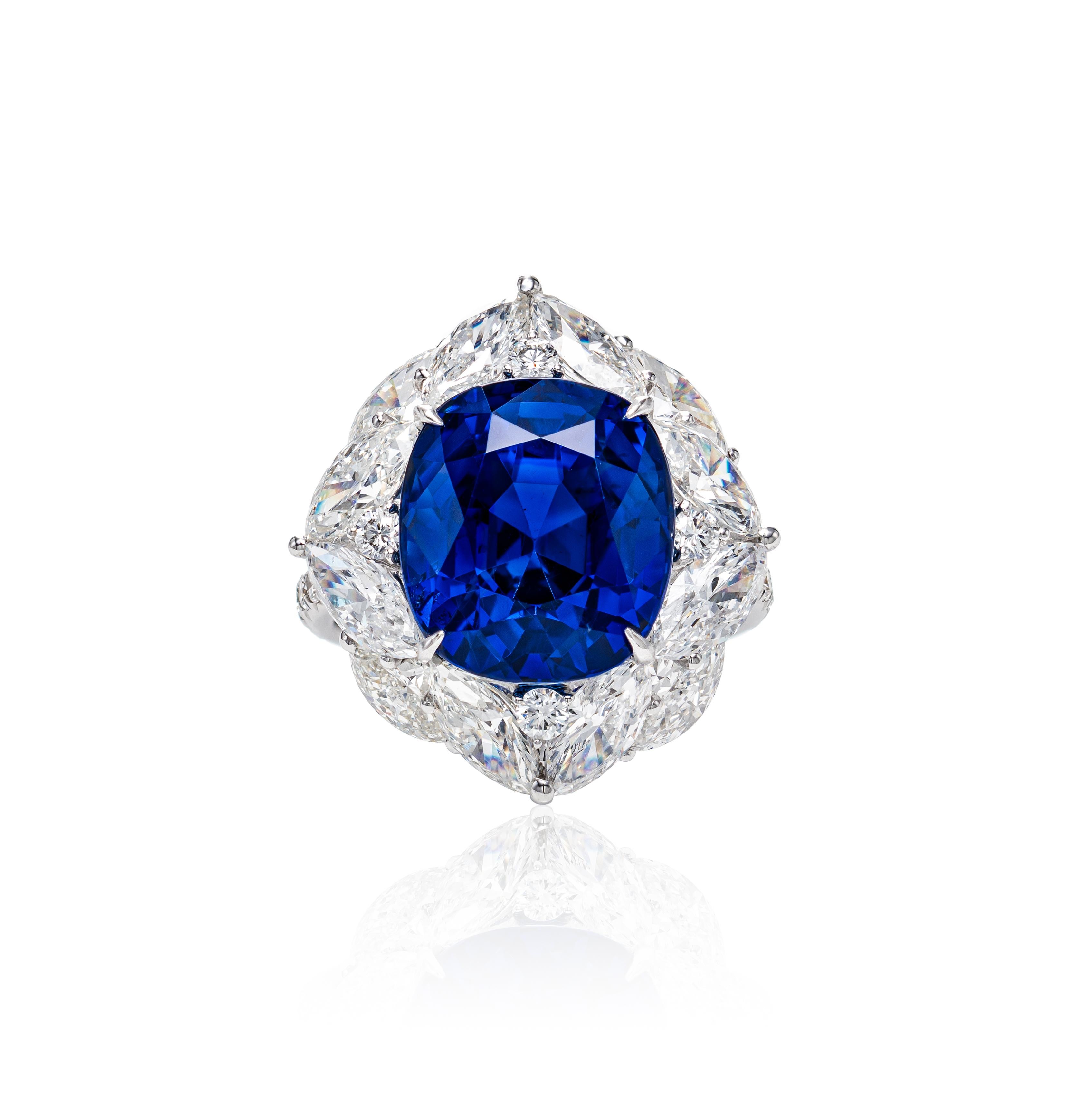 Cushion Cut 15.35 Carat Royal Blue Sapphire and Diamond Ring in 18k White Gold For Sale
