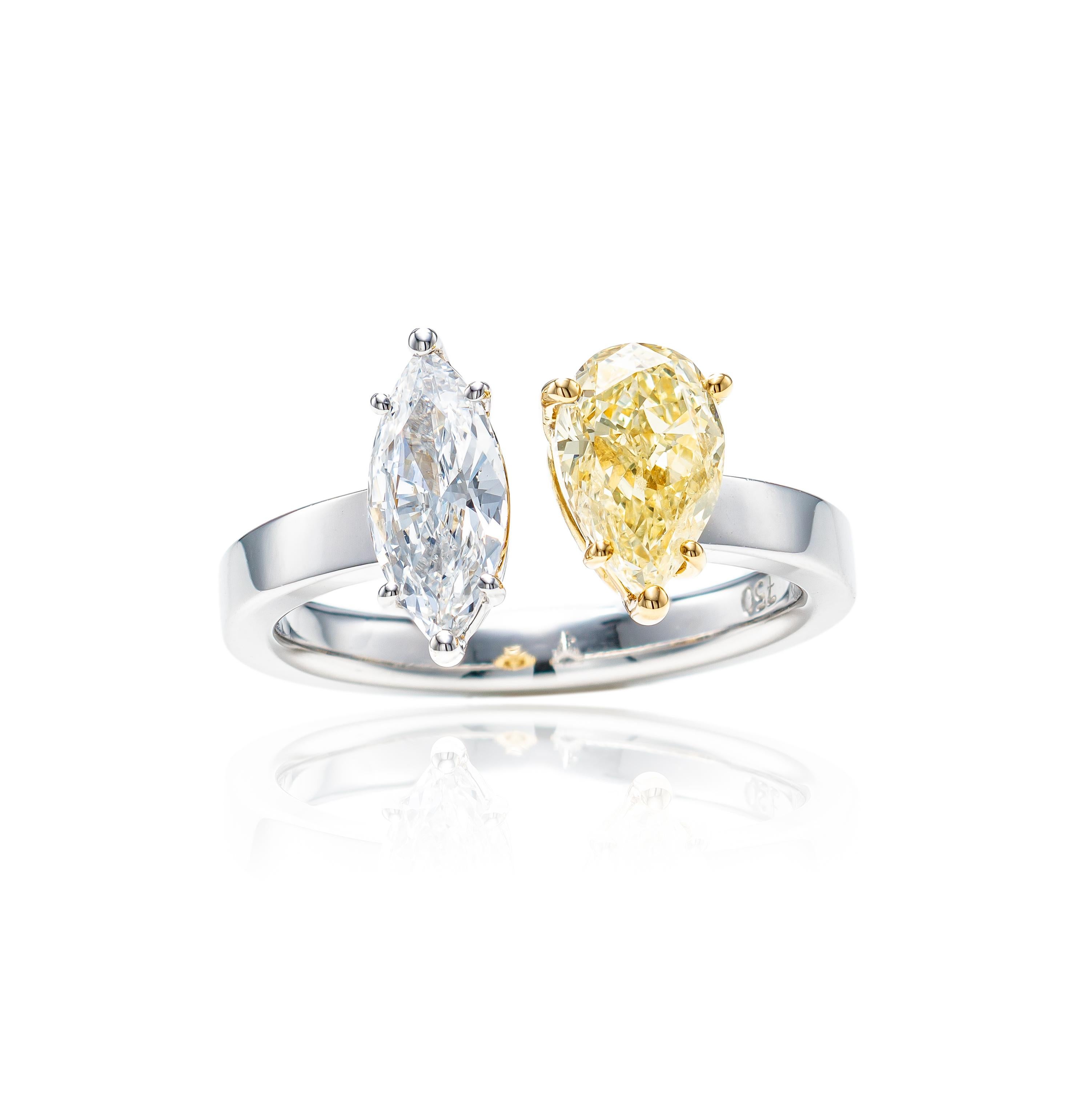 Anillo de Diamantes Amarillos y Blancos Toi et Moi de Oro de 18k de 1,55 Quilates Corte pera en venta