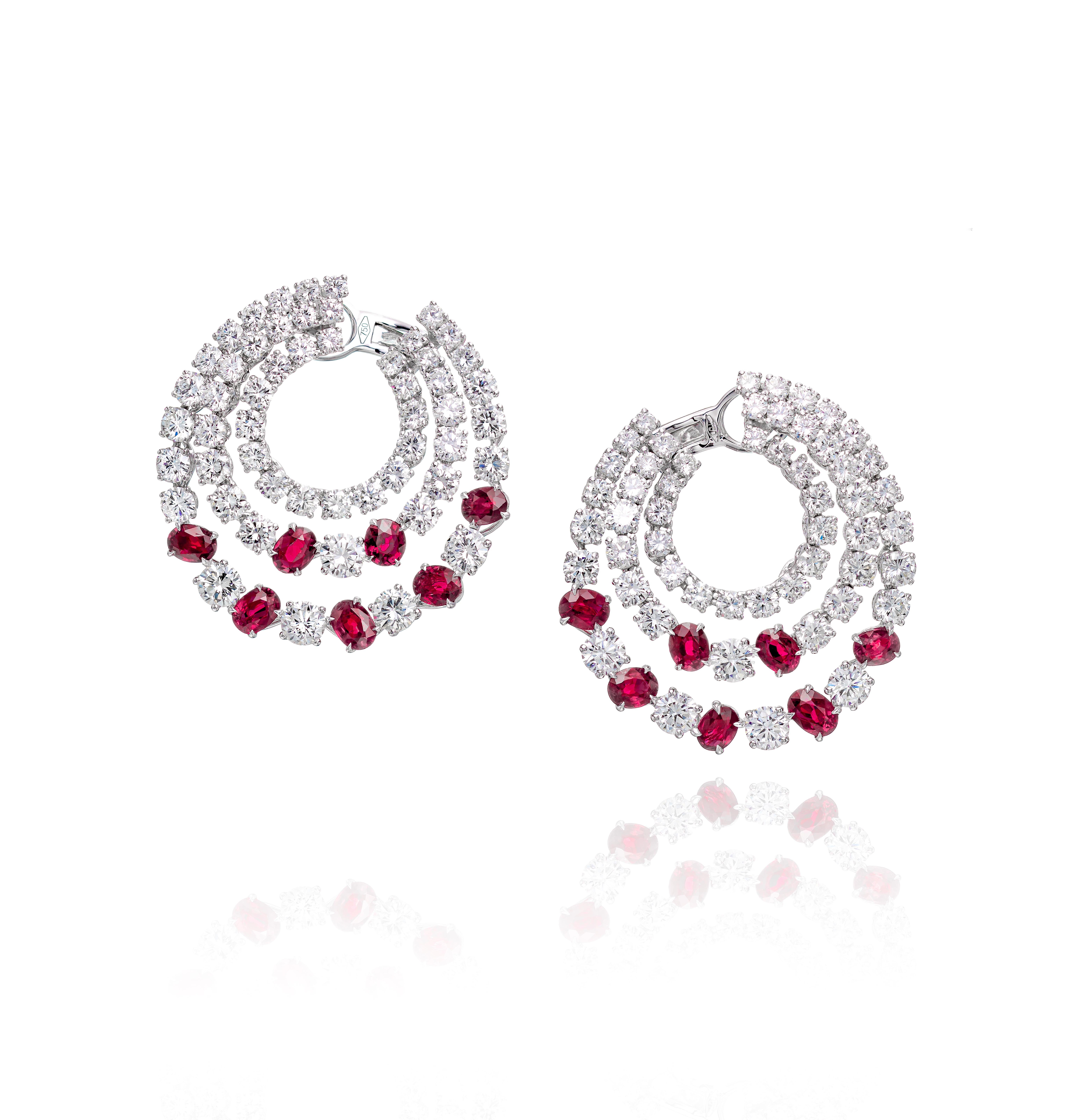 Contemporary 17.48 Carat Ruby and Diamond Hoop Earrings in 18K White Gold For Sale