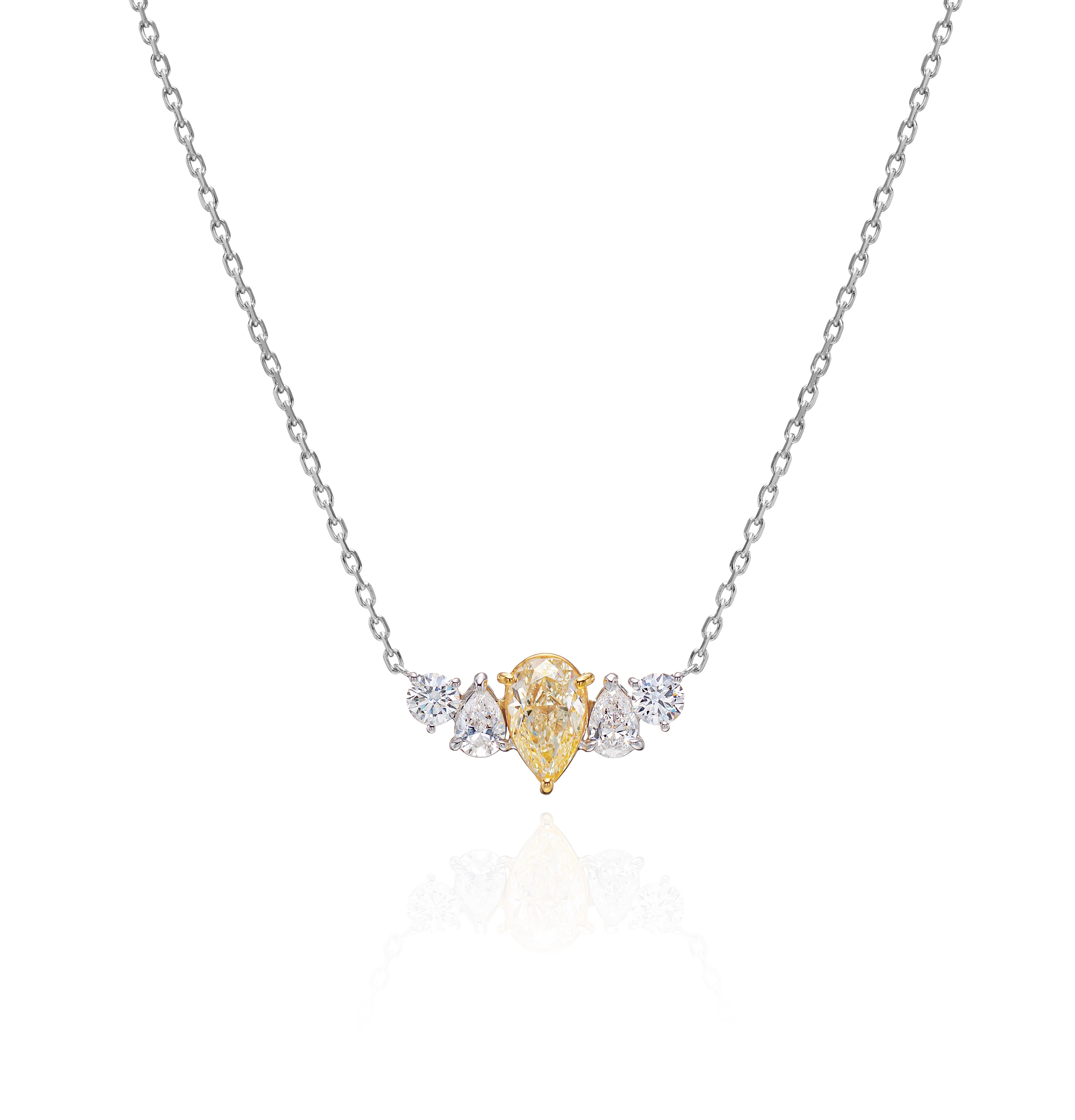 Contemporary 2.37 Carat Yellow and White Diamond Pendant Necklace in 18K Gold For Sale