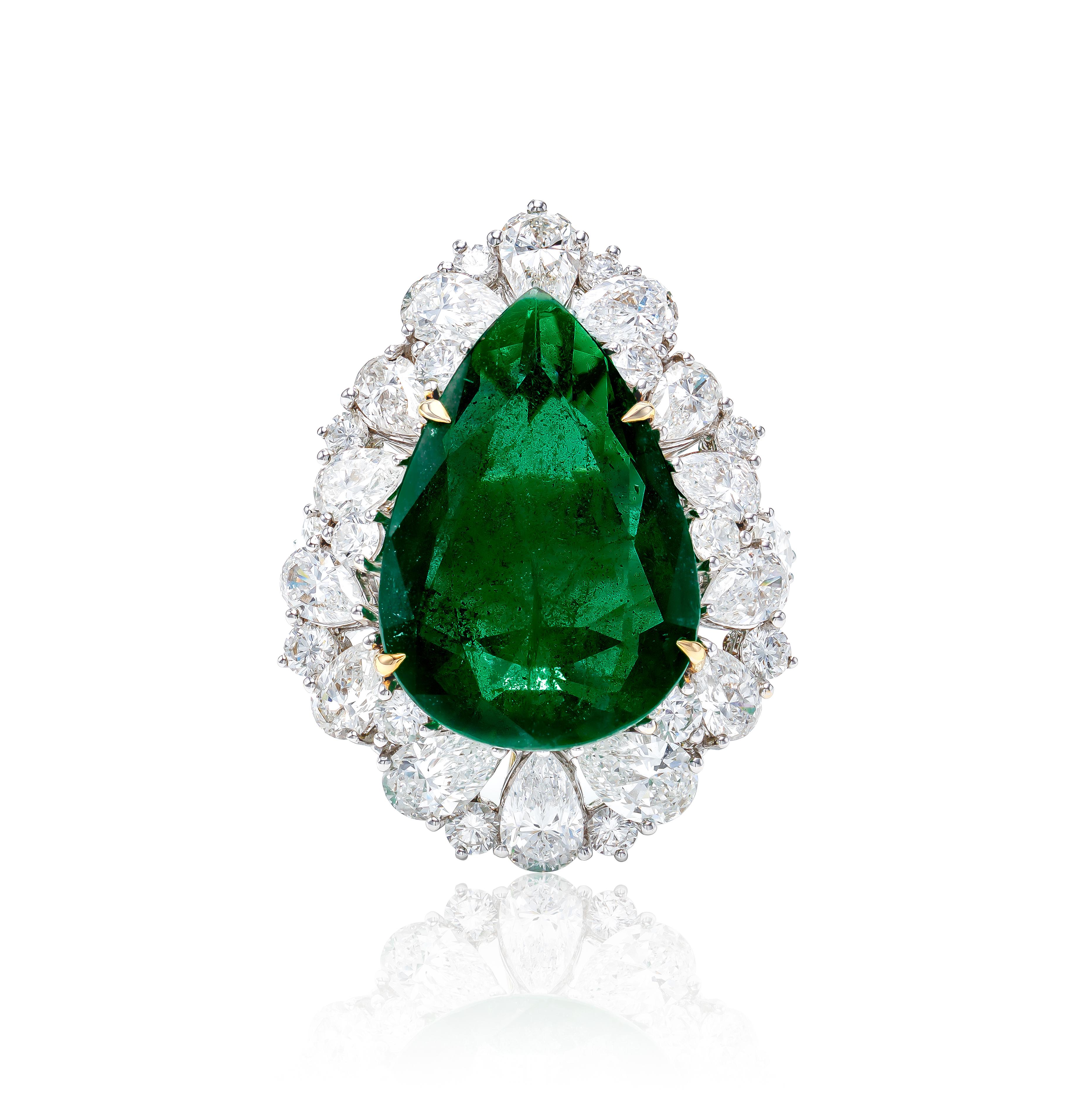 Contemporary 24.56 Carat Zambian Emerald Pear Shape Diamond Ring in 18k Gold