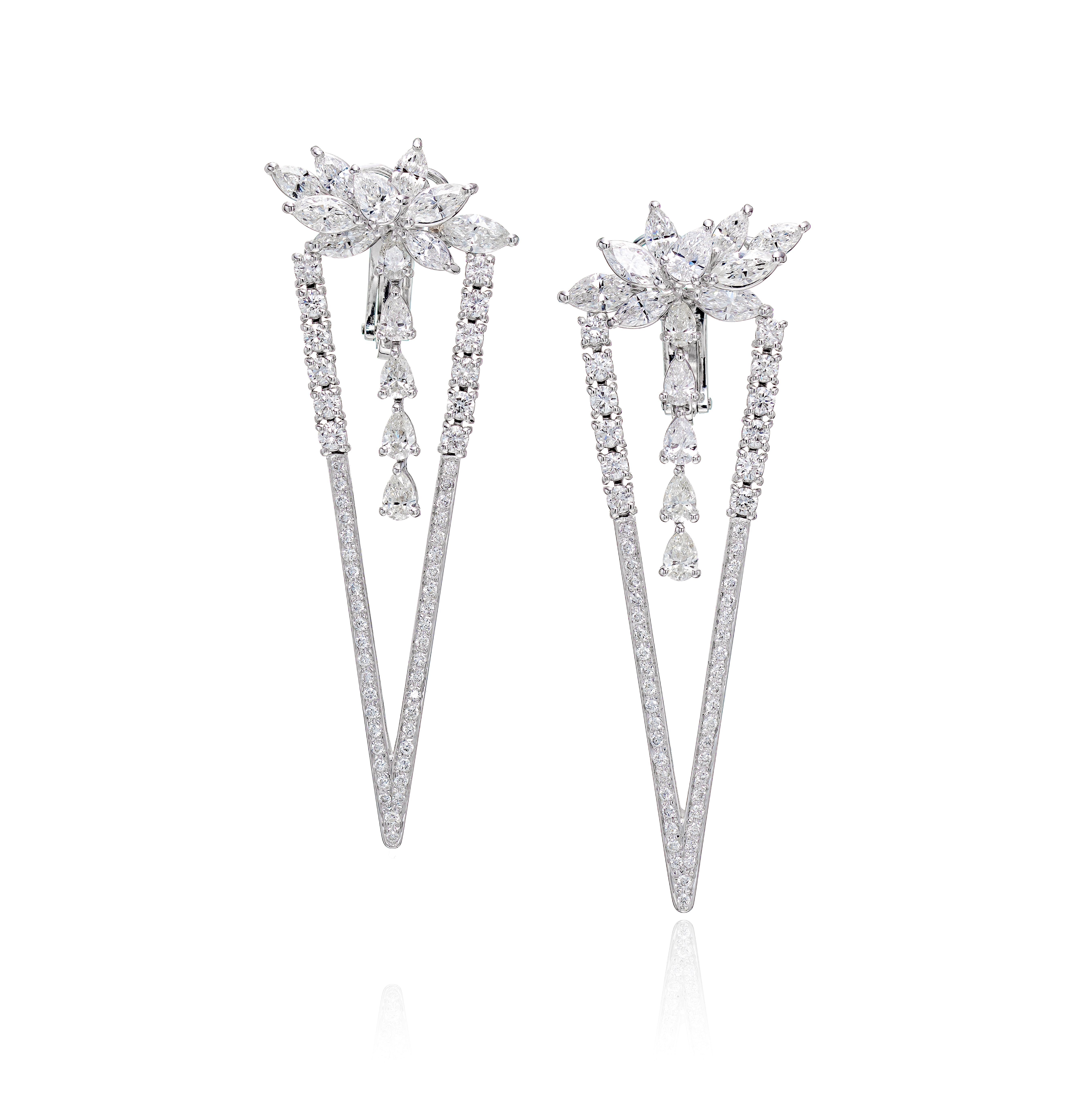 Contemporary 4.88 Carat Diamond Wings Triangle Earrings in 18k White Gold For Sale