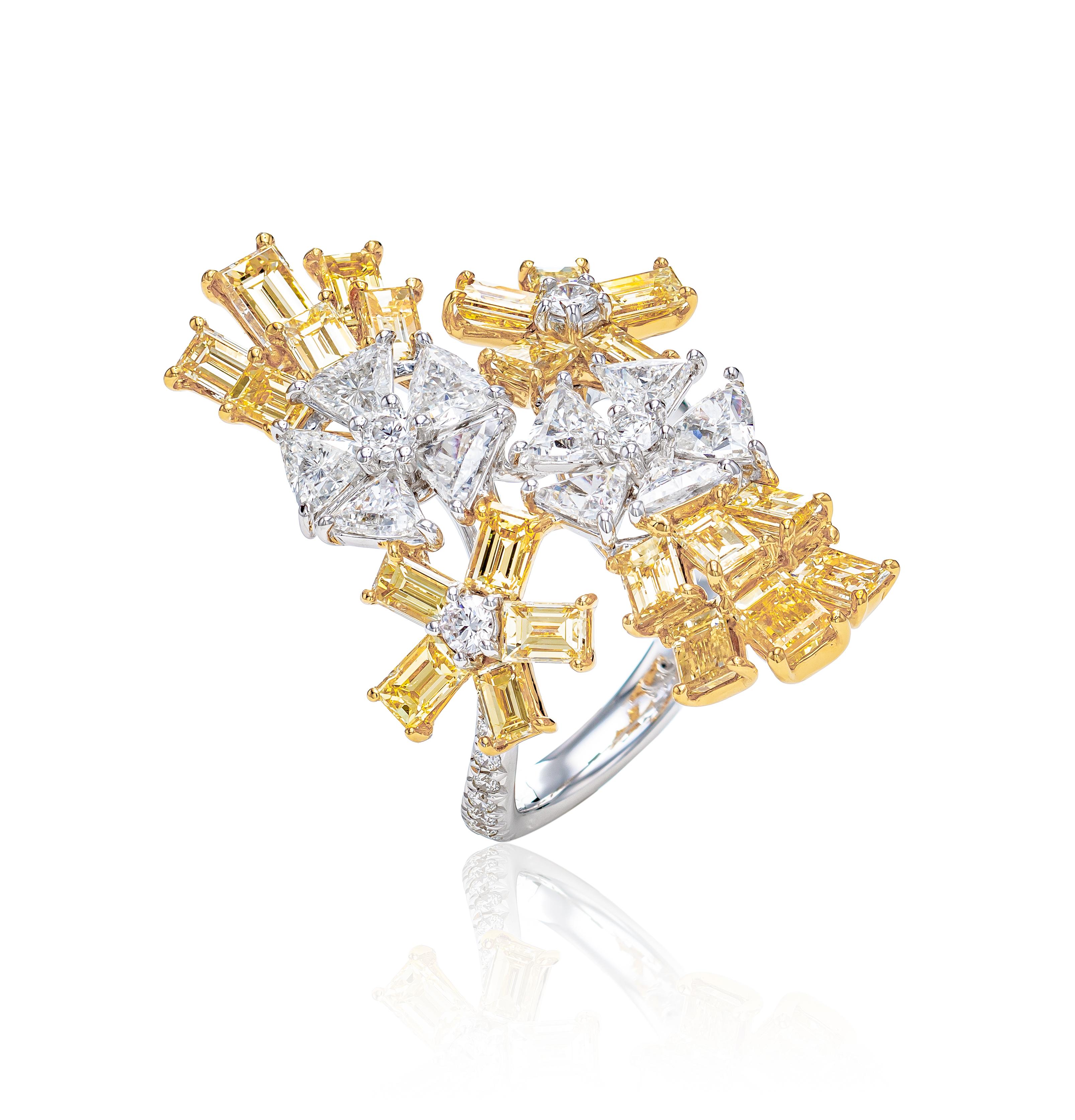 Contemporary 5.39 Carat Floral Wrap Fancy Yellow and White Diamond Ring in 18K Gold For Sale