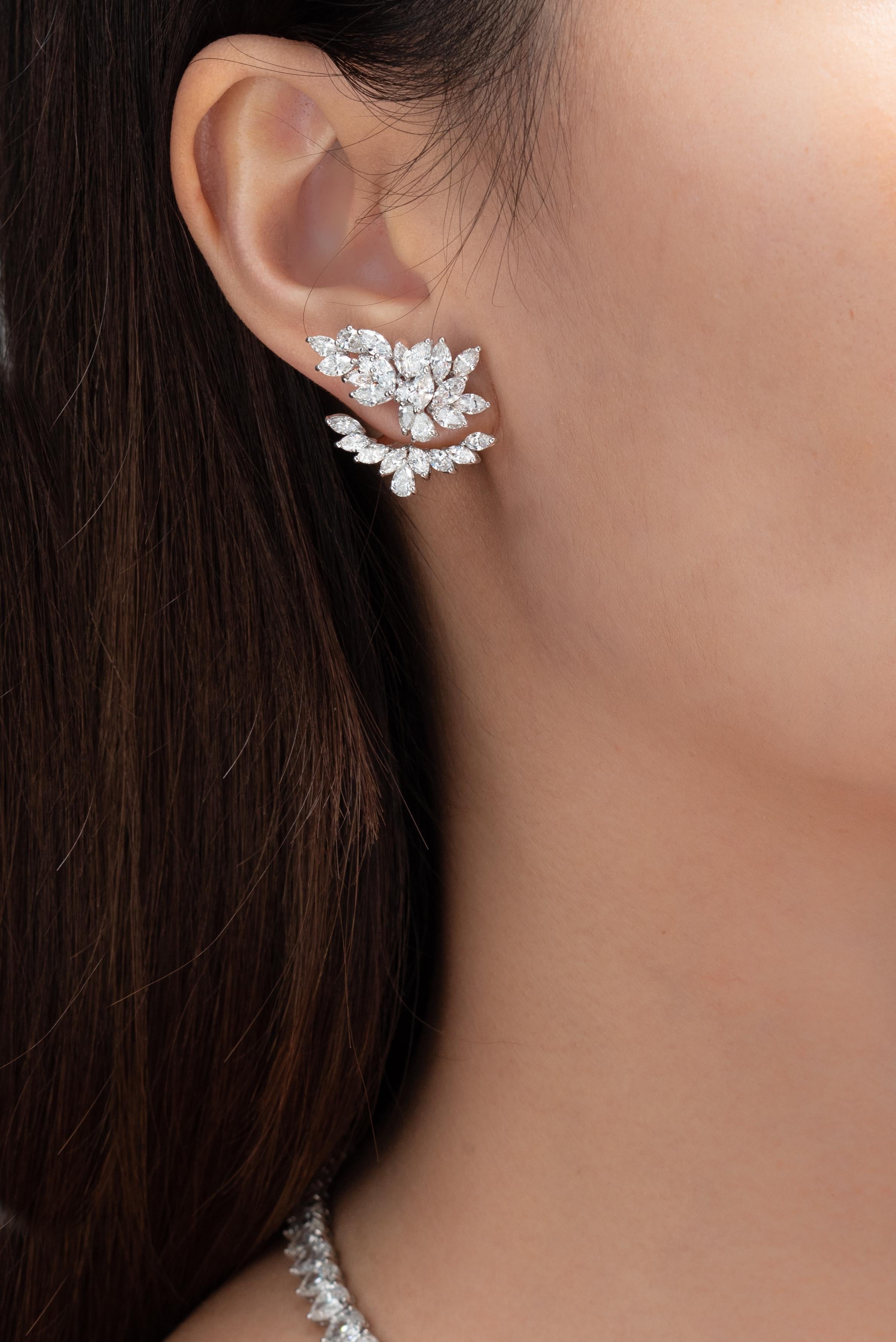 These unique diamond earrings from Vihari Fine Jewels offer clients the added advantage of versatility as they can be worn 3 different ways: (1) as shown in the image with the earring and the ear jacket, (2) just simply the earring without the ear