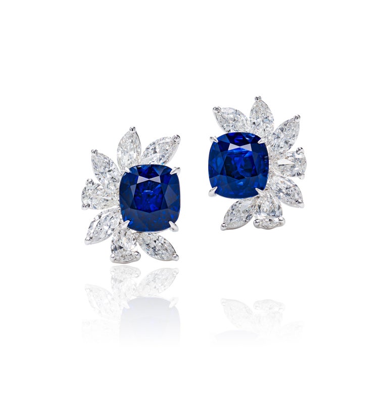 Cushion Cut 9.07 Carat Royal Blue Sapphire and Diamond Earrings in 18K Gold For Sale