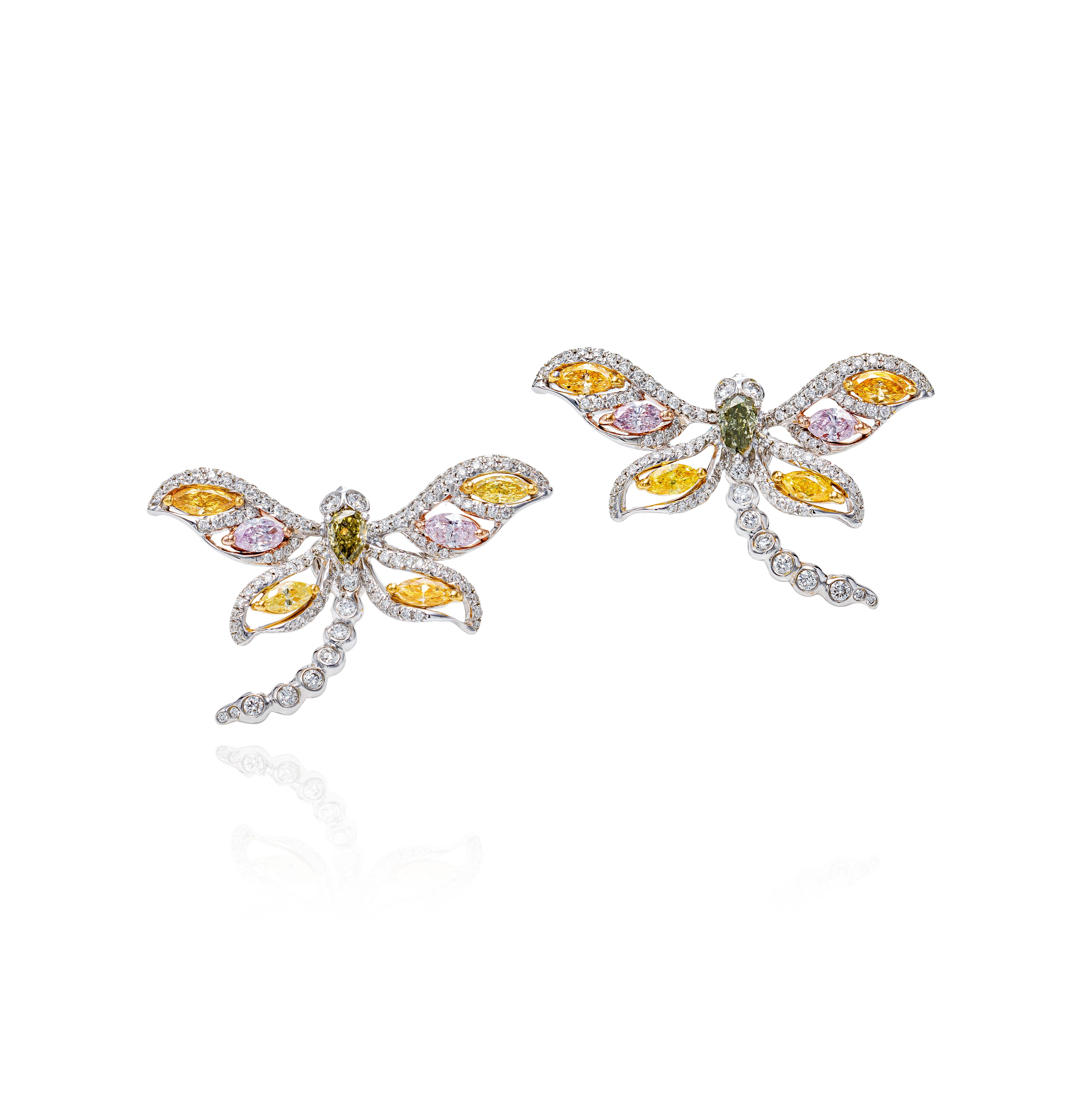 Contemporain Boucles d'oreilles libellule en or 18K avec diamants verts, jaunes, orange et violets en vente