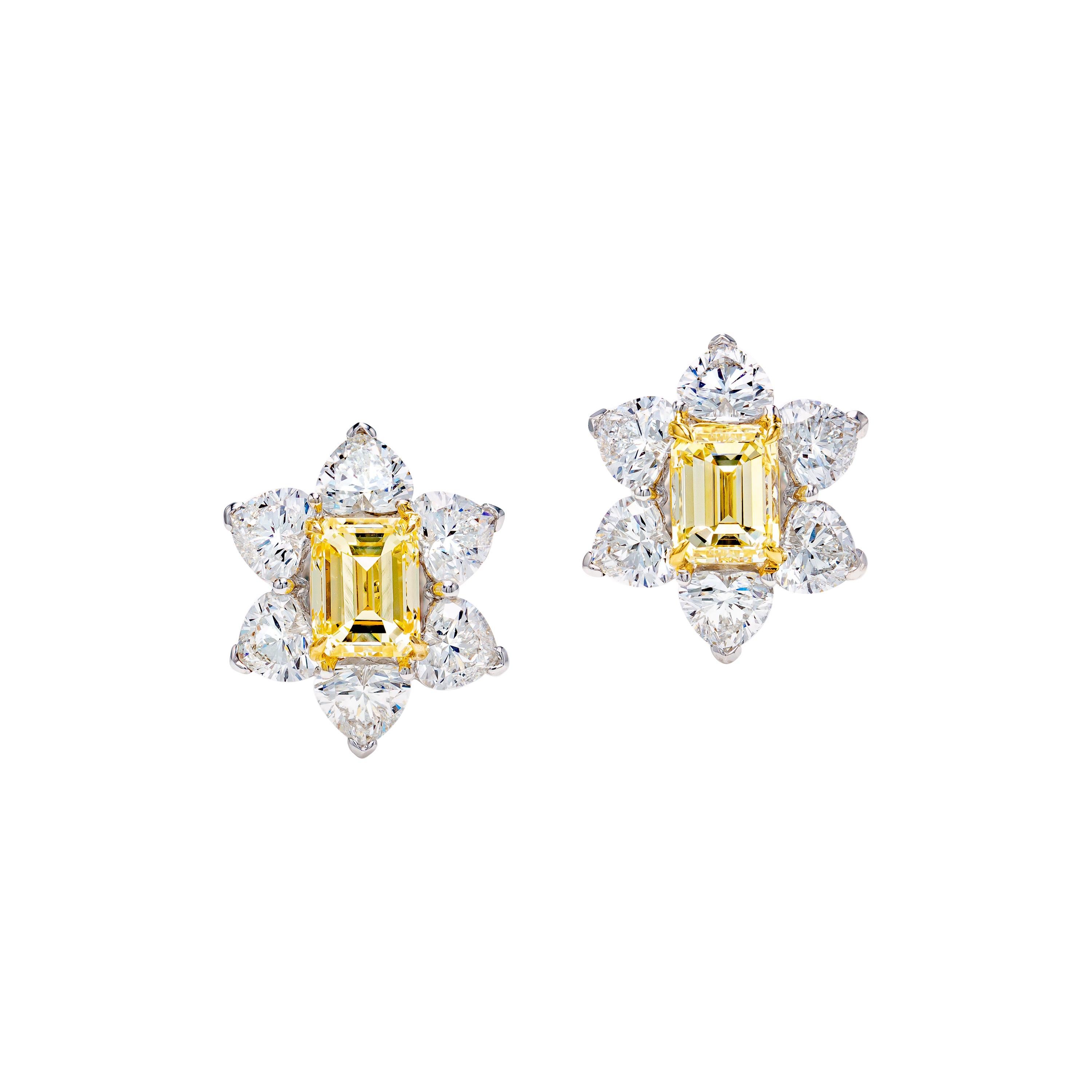 GIA Certified 4.9 Carat Fancy Light Yellow Floral Diamond Earrings in 18K Gold For Sale