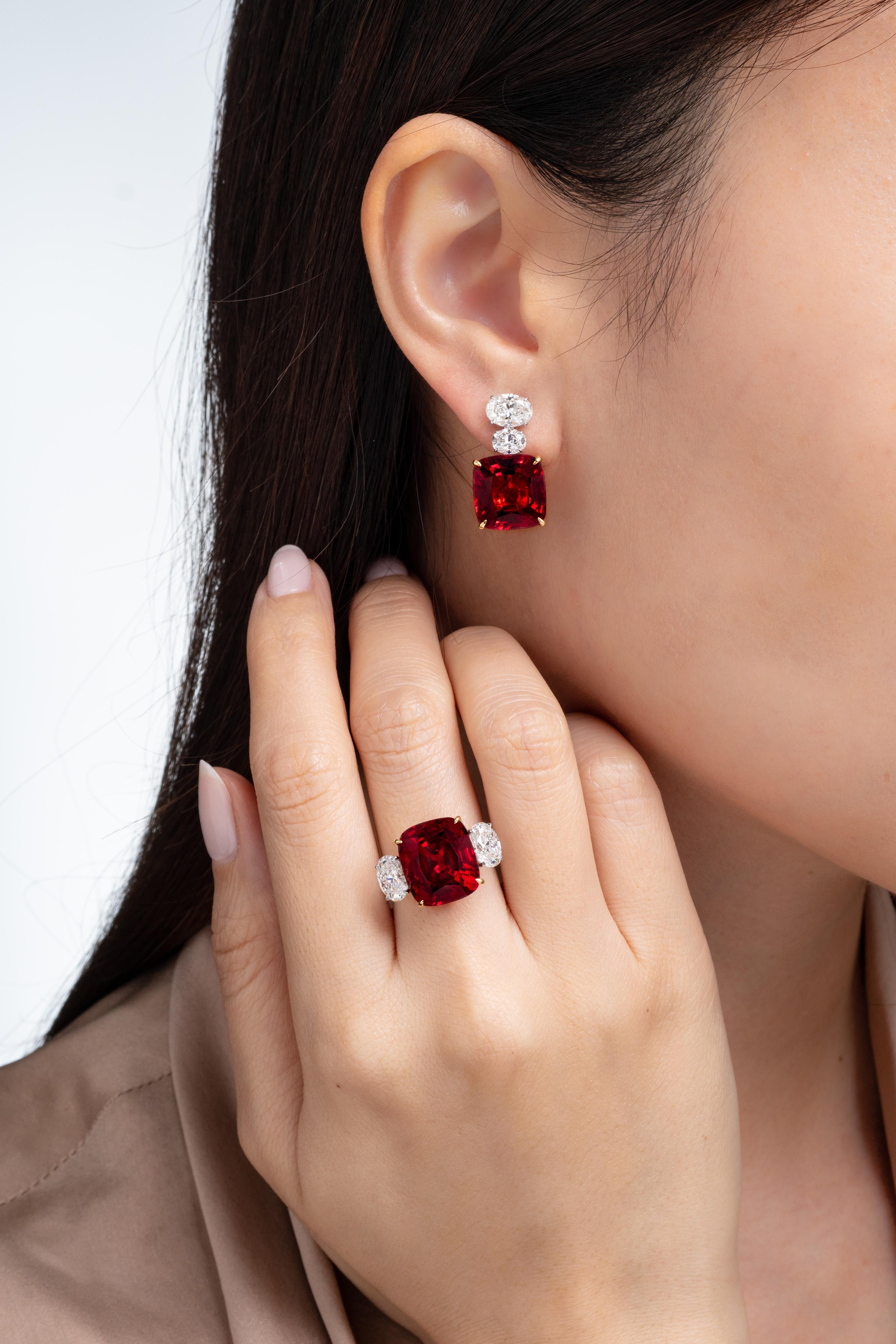 Vihari Jewels created this gorgeous pair of 18.03 carat cushion cut No Heat Burmese Spinel Earrings. The earrings possess the most vibrant red hue and are paired back with a unique 18K Yellow Gold casing featuring an additional 0.43 carats of white
