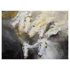 "VIII Horses Come" Metaphysical Equestrian Oil Painting, Whites, Off Whites