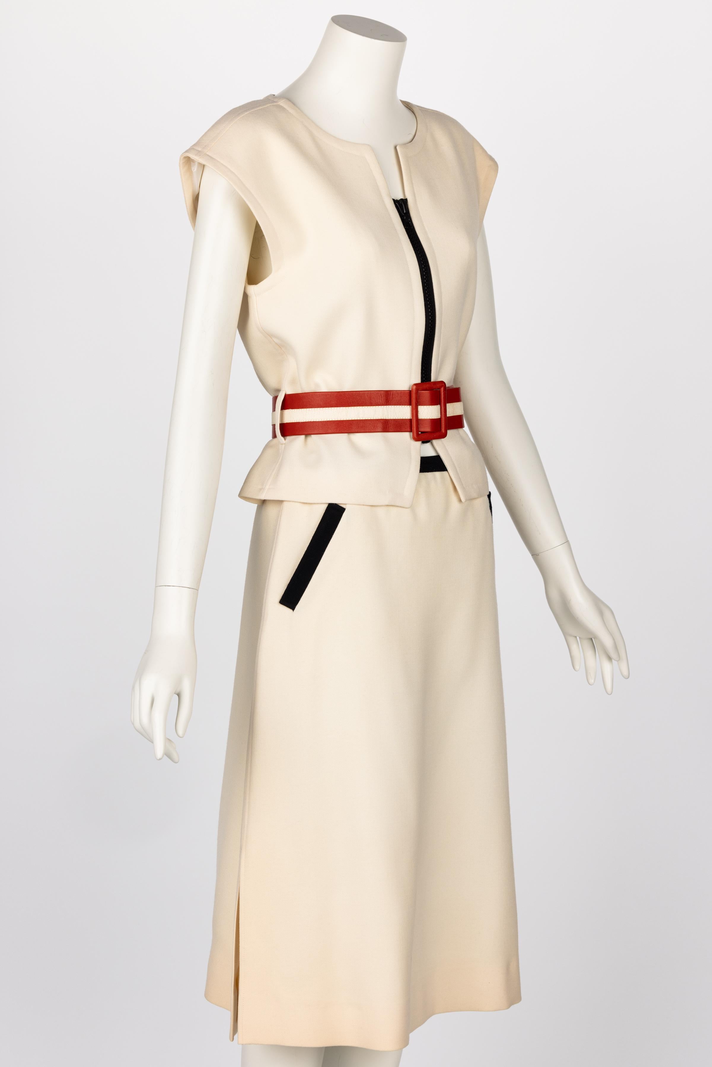 White VIintage Courrèges Paris Ivory Wool Belted Jacket & Skirt For Sale